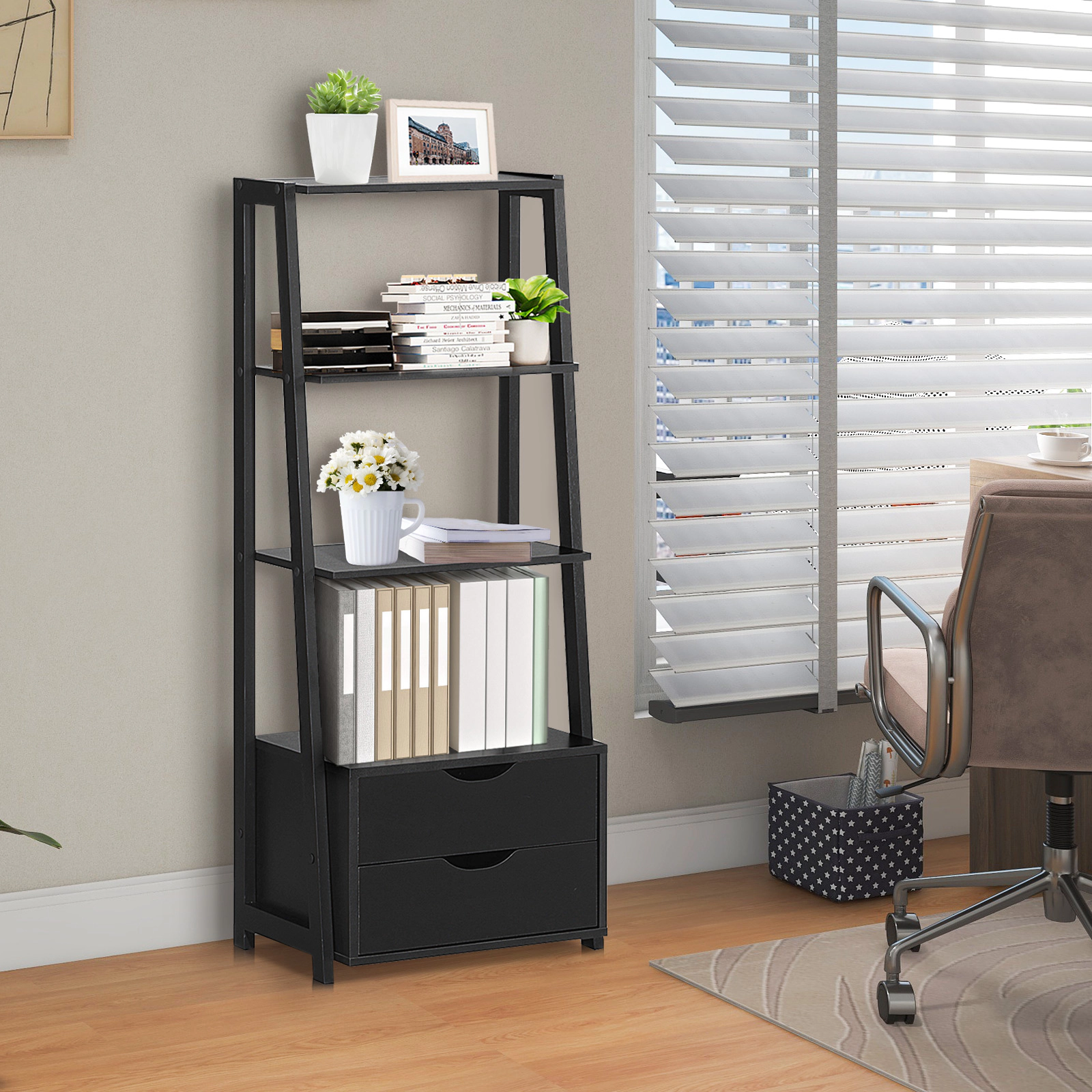 SUGIFT 4-Tier Black 52.4-in Ladder Shelf Bookshelf with 2 Storage Drawers Cut-Out Handles and Toppling Kit