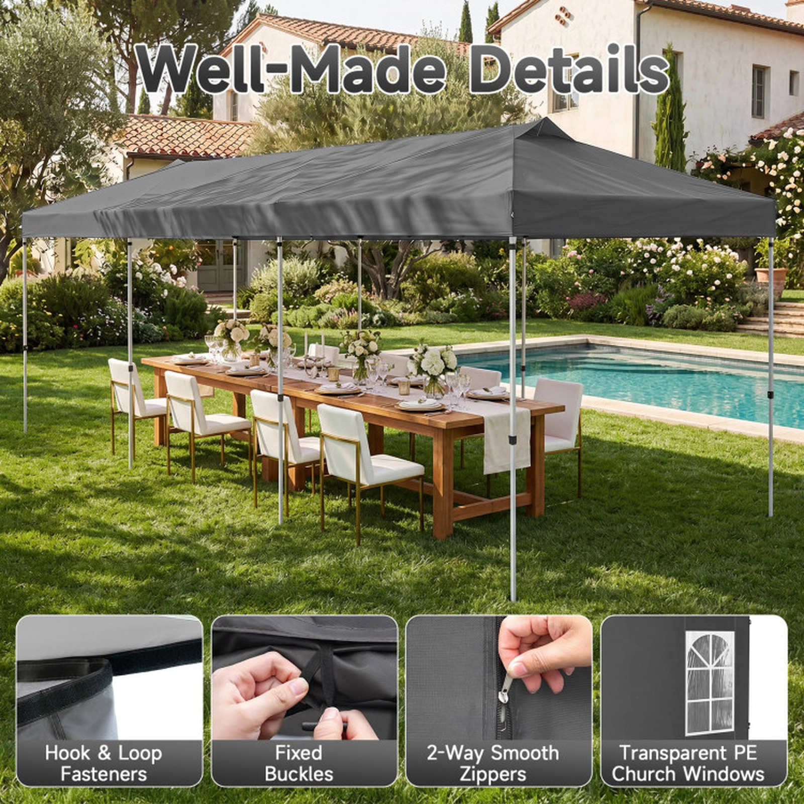 SUGIFT Pop Up Canopy Tent with 8 Sidewalls and Adjustable Height 10 x 30-ft Gray