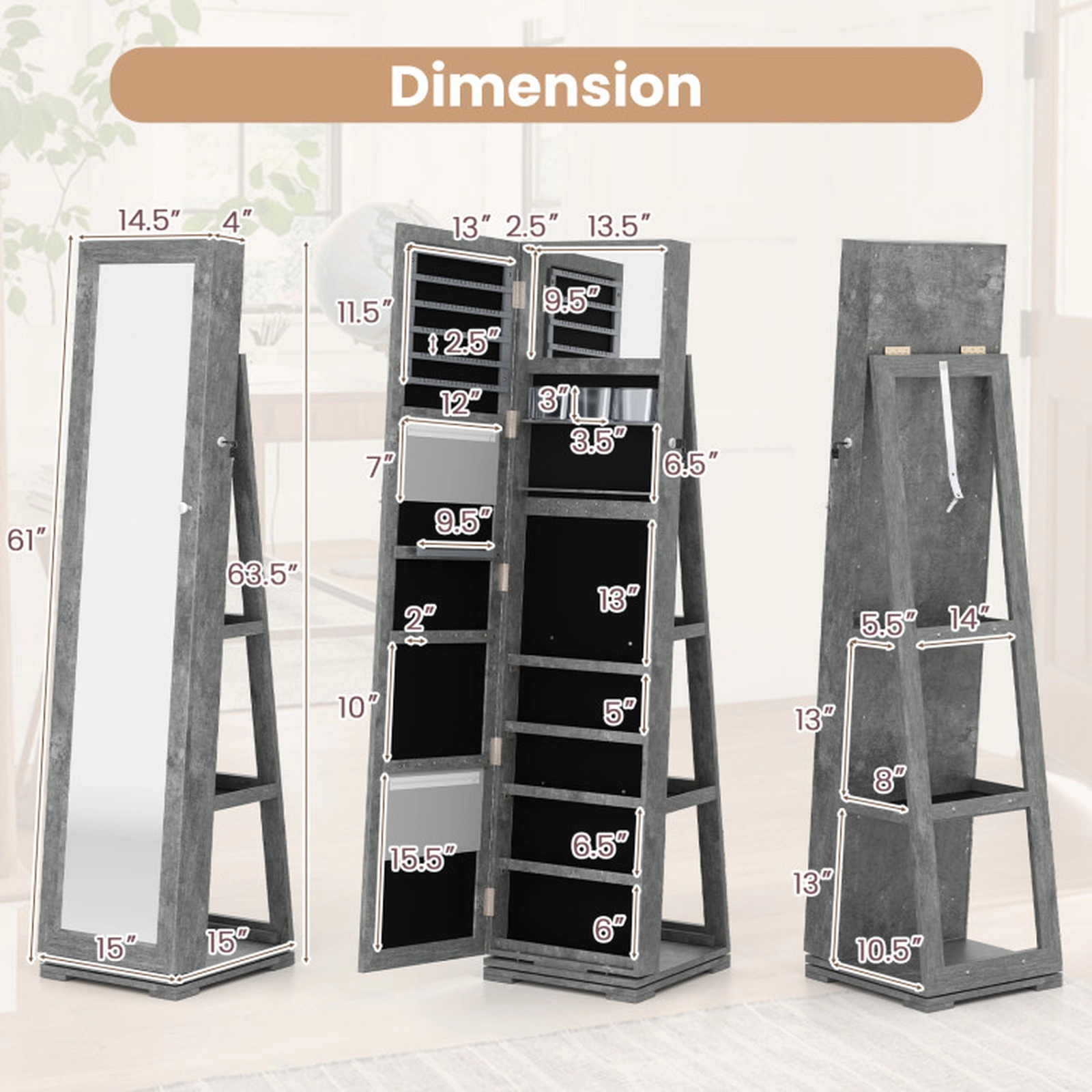 SUGIFT 360° Rotatable 2-in-1 Lockable Jewelry Cabinet Full-Length 11 x 57 in Mirror 63.5-in Tall 48-lb Net Weight Green