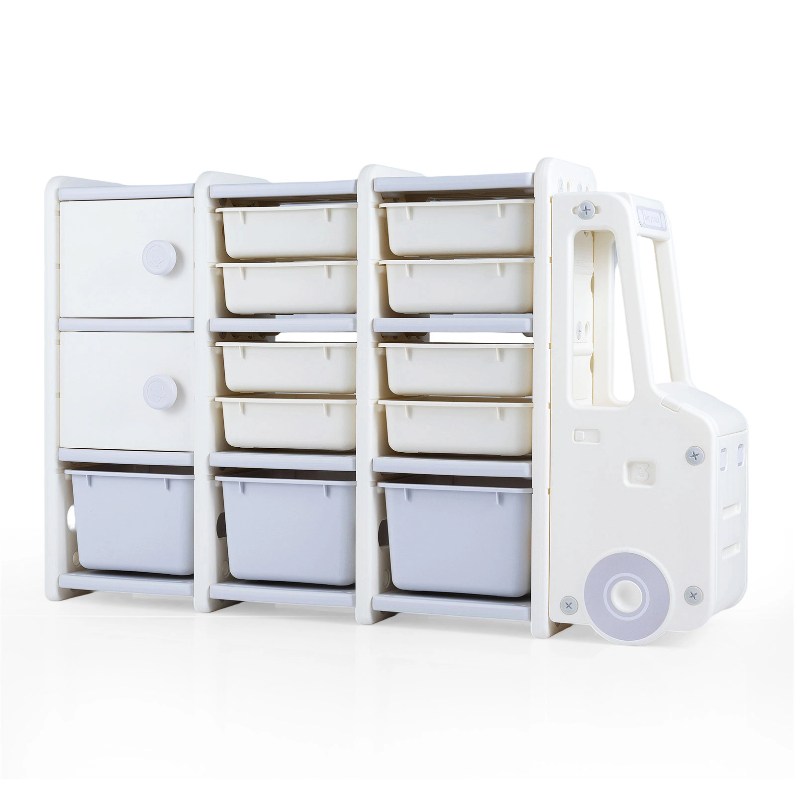 SUGIFT Truck-Shaped Kids Toy Storage Organizer with Toy Chest 55-lb Capacity Ages 3+ Off-White and Gray