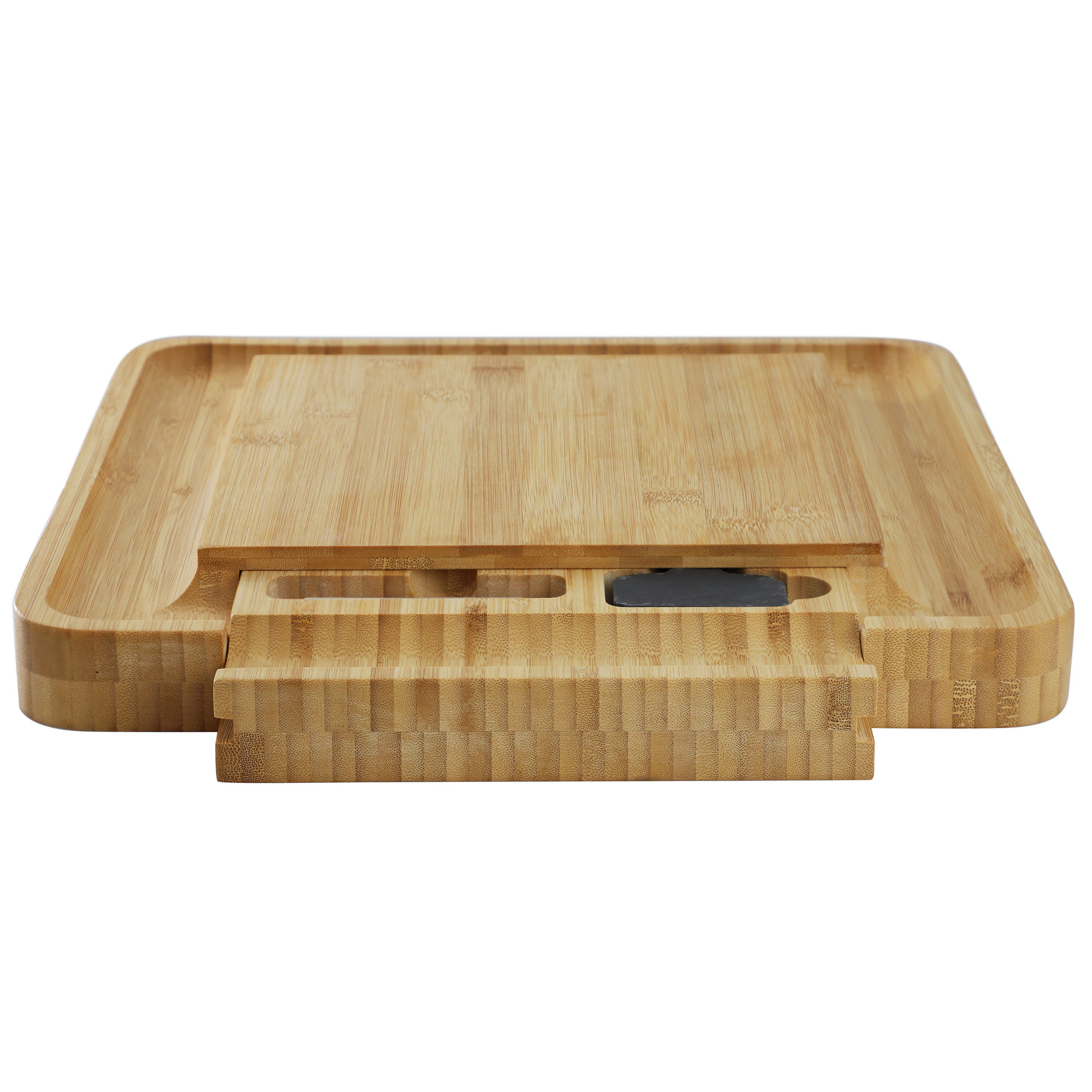 MegaChef Bamboo Charcuterie Cheese Board Slide Out Drawer Cheese Utensils, Bottle Opener, 3 Piece Mini Chalkboard Set