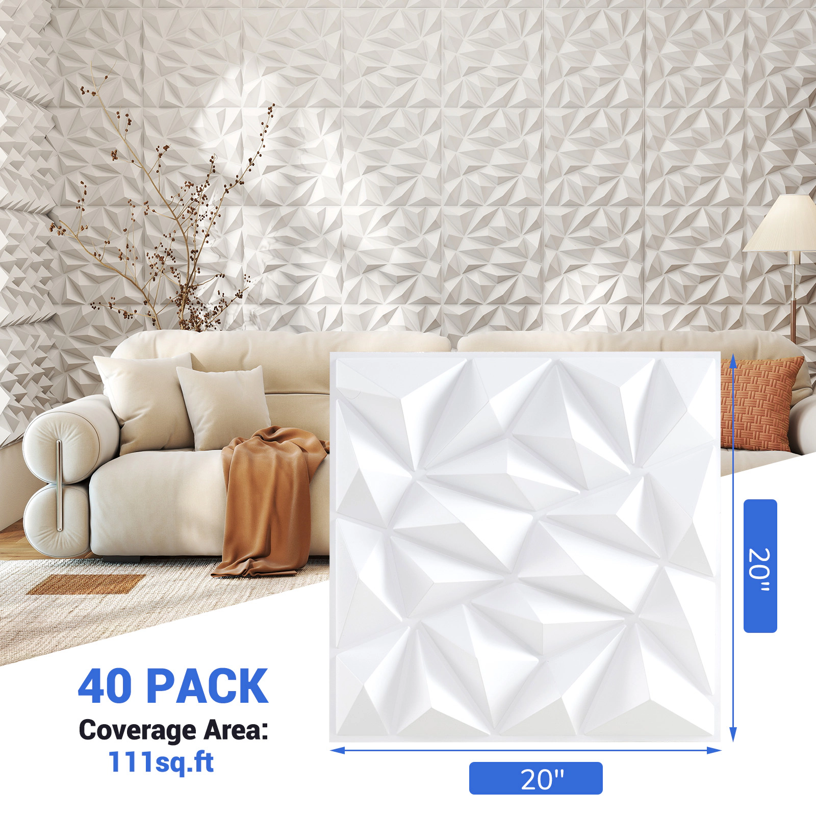 SUGIFT 40-Pack 3D PVC Wall Panels with Decorative Diamond Patterns 20-in Square Each 111 sq.ft Coverage White