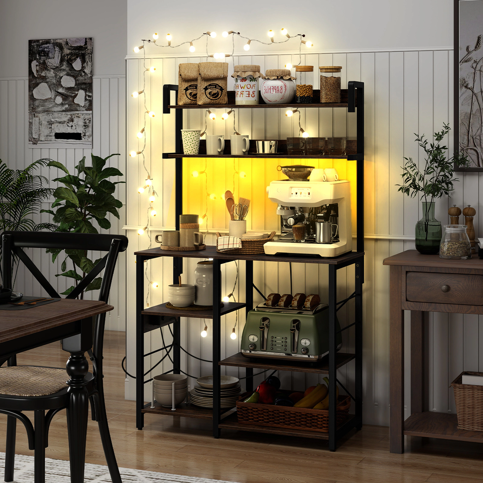 SUGIFT 5-Tier Kitchen Bakers Rack Shelving Unit with Power Outlet 66-lb Countertop Capacity Rustic Brown/ Black