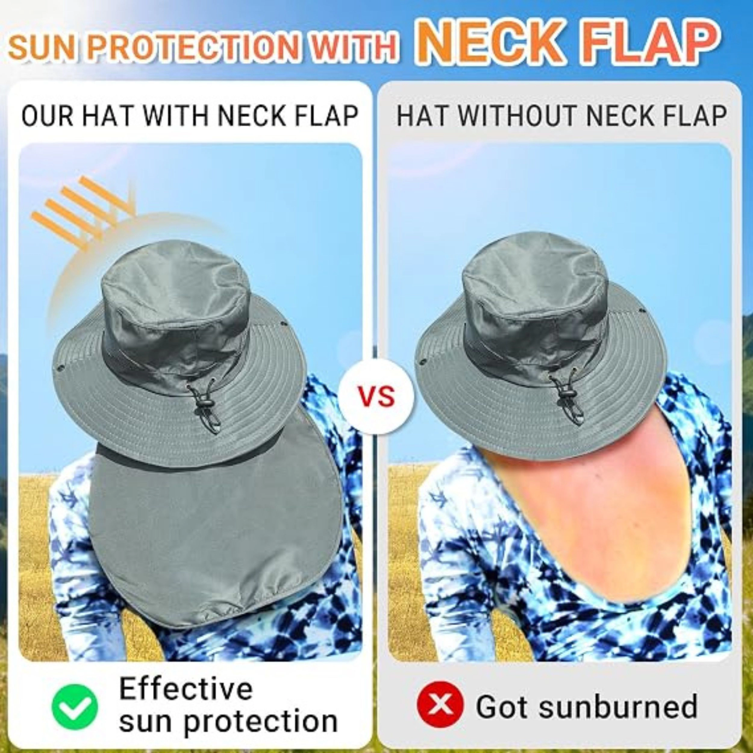 SS Design UPF 50 Plus Wide Brim Bucket Hat With Neck Flap Light Gray