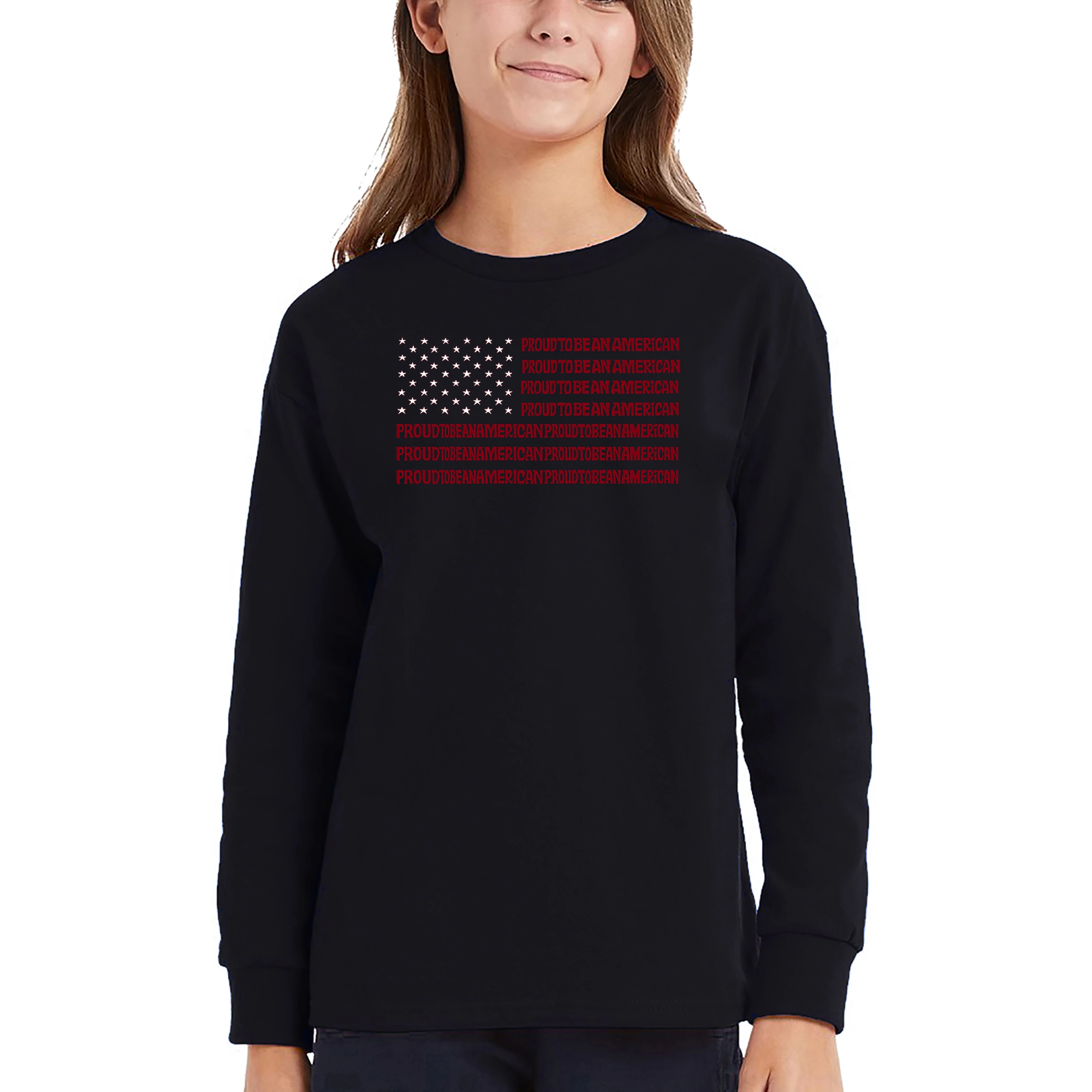 LA Pop Art Girls Long Sleeve Word T-Shirt - Proud To Be An American