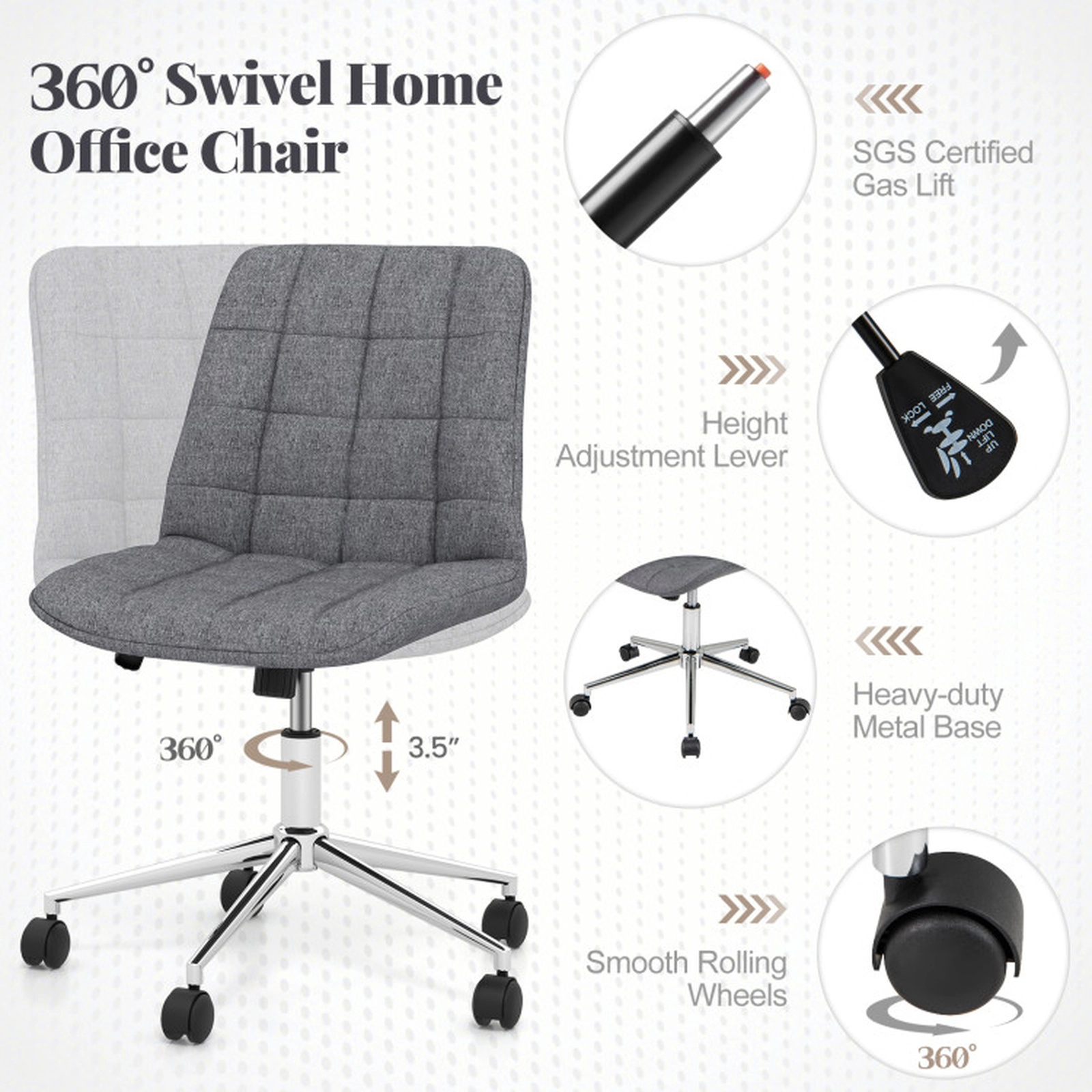 SUGIFT Armless Office Chair Upholstered Makeup Vanity Chair 250-Lb Capacity Adjustable Height Gray with Wheels