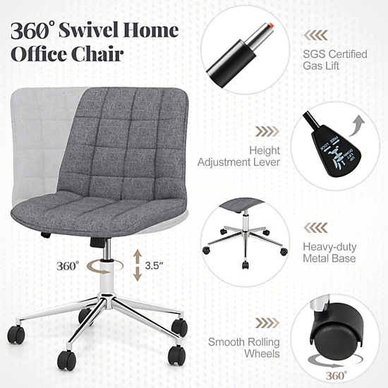 SUGIFT Armless Office Chair Upholstered Makeup Vanity Chair 250-Lb Capacity Adjustable Height Gray with Wheels