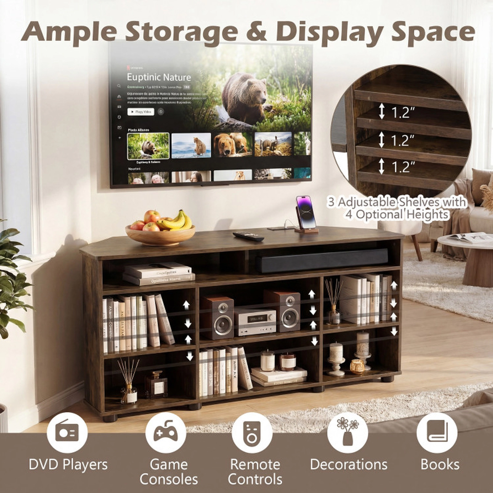 SUGIFT Corner TV Stand for TVs up to 55 in, Charging Station and Adjustable Open Shelves