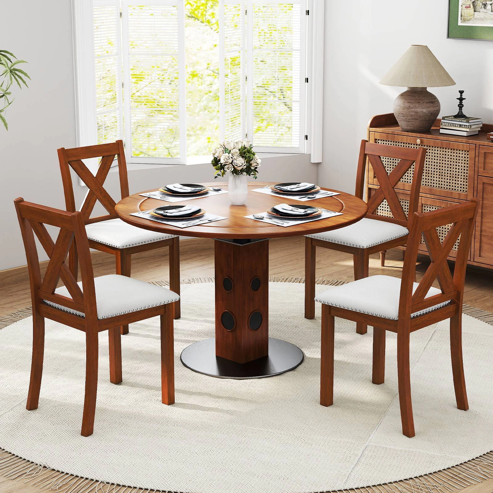SlickBlue Wooden Dining Chairs Set of 2, Linen Cushion, X-Frame Back
