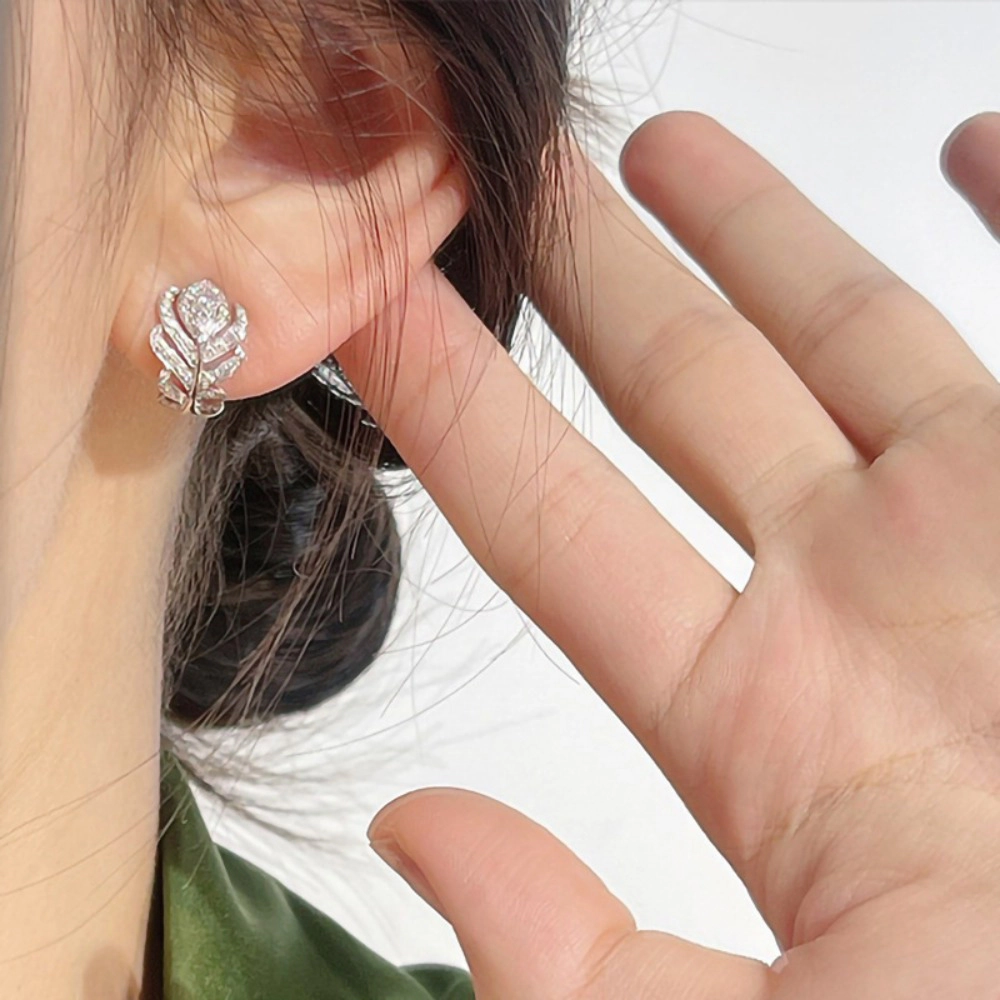 Wardrobe Whimsy Feather Hoop Earrings Paved Cubic Zirconia Elegant Drop Earrings for Women