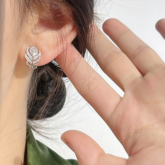 Wardrobe Whimsy Feather Hoop Earrings Paved Cubic Zirconia Elegant Drop Earrings for Women