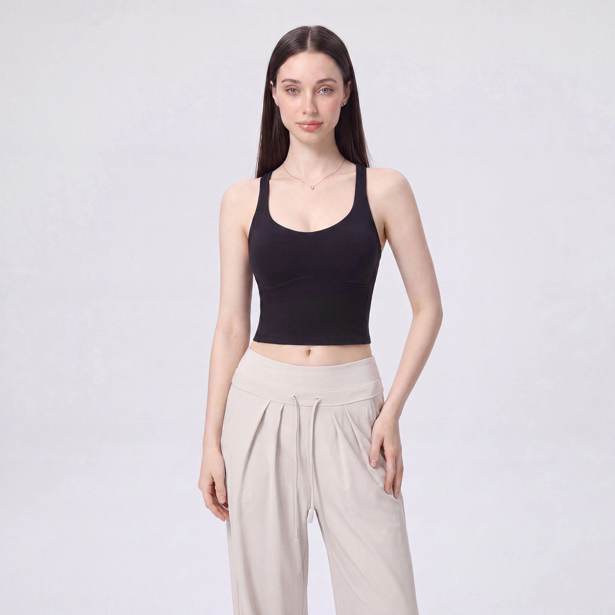 Anna-Kaci Women's Cropped Yoga Tank Top with Built-In Padding Scoop Neck Wide Strap Fitted Activewear