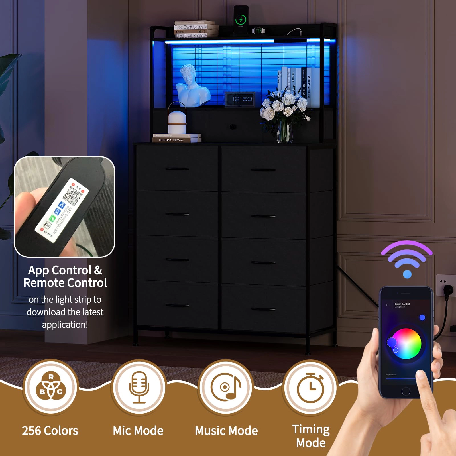 11 Drawer Fabric Dresser with Wireless Charging, App-Controlled RGB LED Lights & Open Shelf