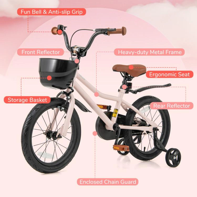 SUGIFT 16-Inch Pink Kids Bike, Metal Frame, Front Basket, Training Wheels, Hand and Coaster Brakes