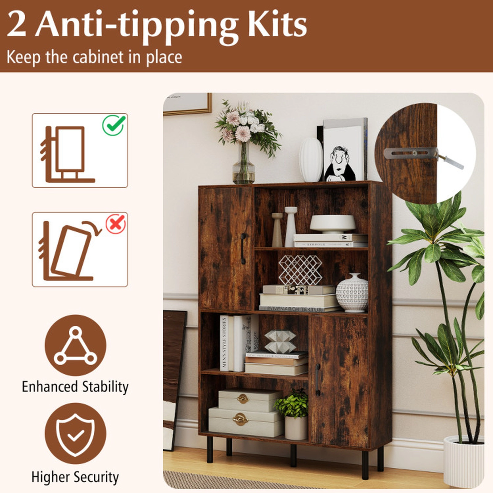 SUGIFT 47-in Storage Cabinet Freestanding Bookcase with 2 Doors 4 Open Shelves 176-lb Capacity Rustic Brown
