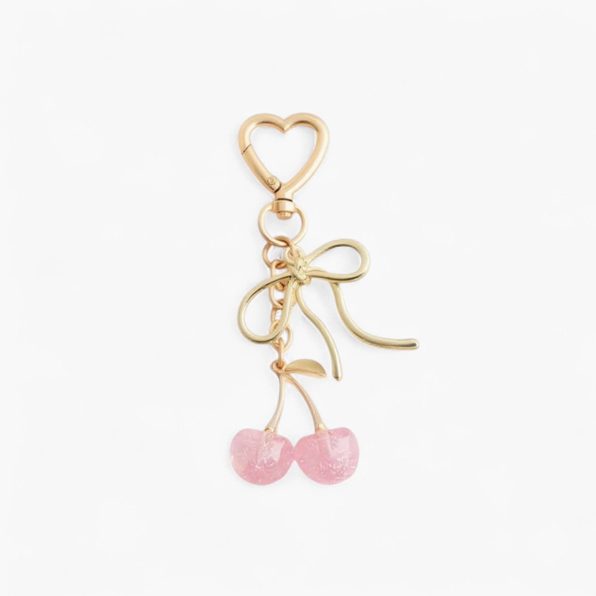 Alilang Women's Gold Bow Keychain with Pink Cherry Charms and Heart Clasp