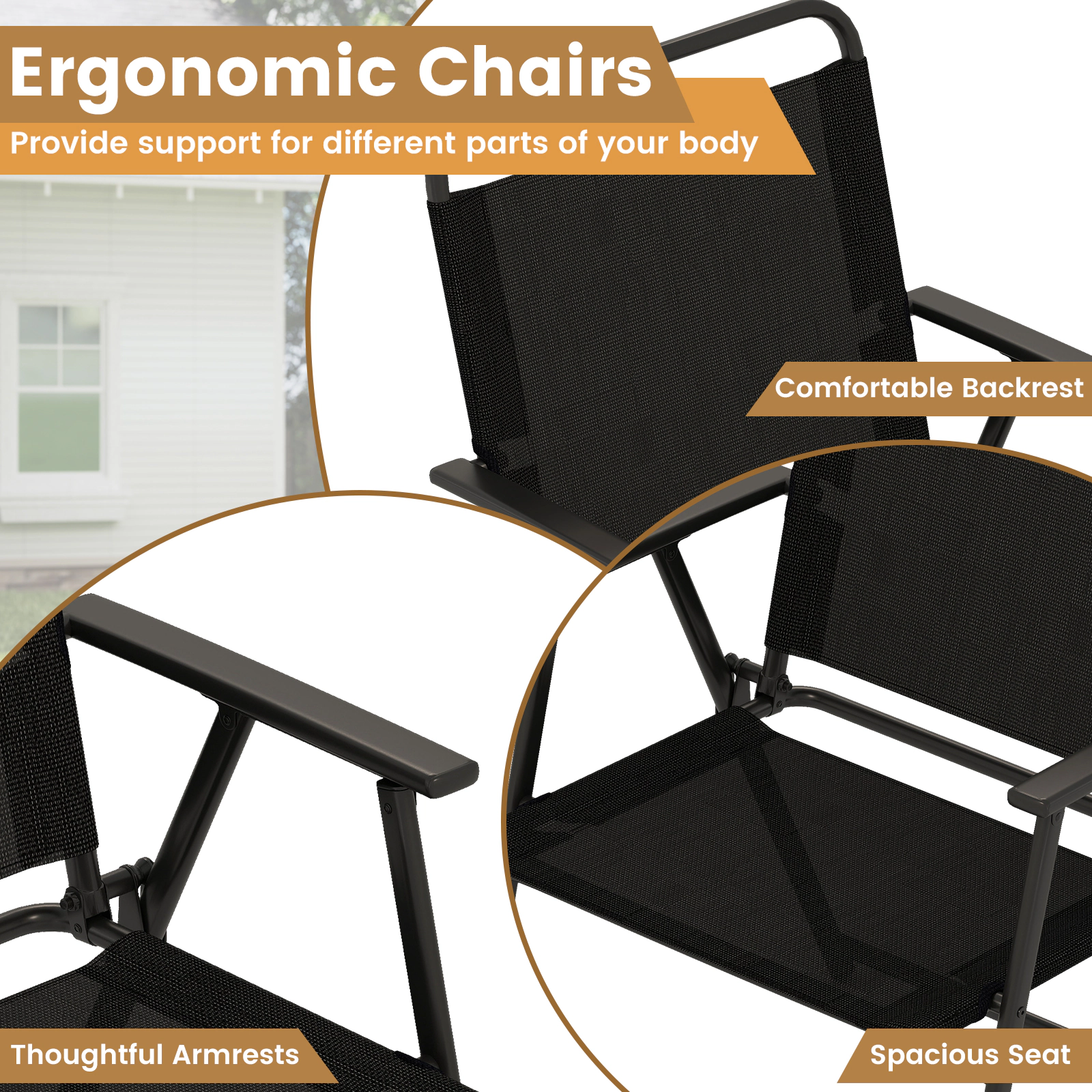 SUGIFT Black Breathable Fabric Seats 3-Piece Patio Folding Chair and Side Table Set