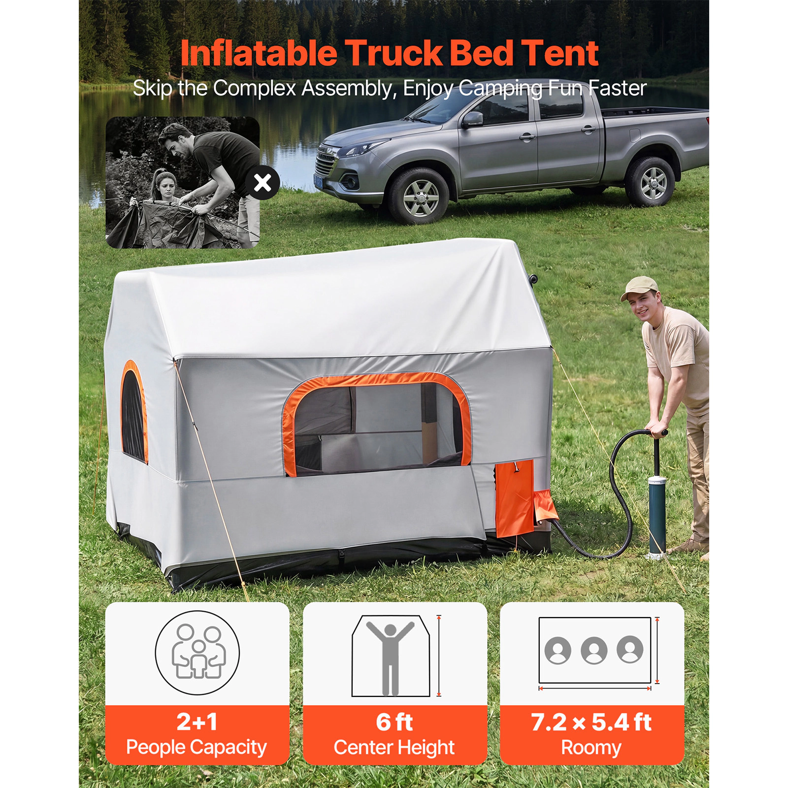 HONGGE Inflatable Truck Bed Tent, 7.2x5.4 ft PU2000 Waterproof Camping Tent for 2-3 Person, with Air Pump & Mesh Windows