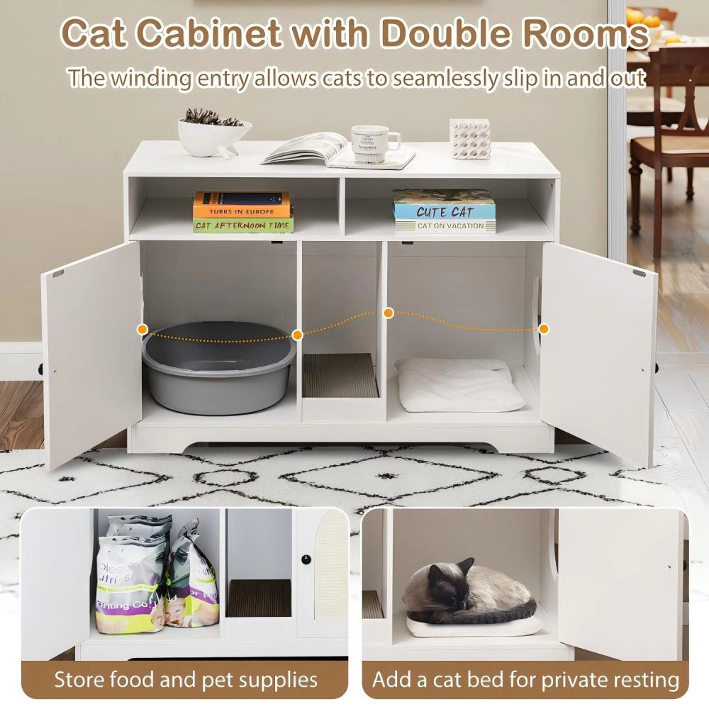 SUGIFT 43-in Wide Cat Litter Box Enclosure Cabinet with Double Rooms Scratching Board Storage Shelves White