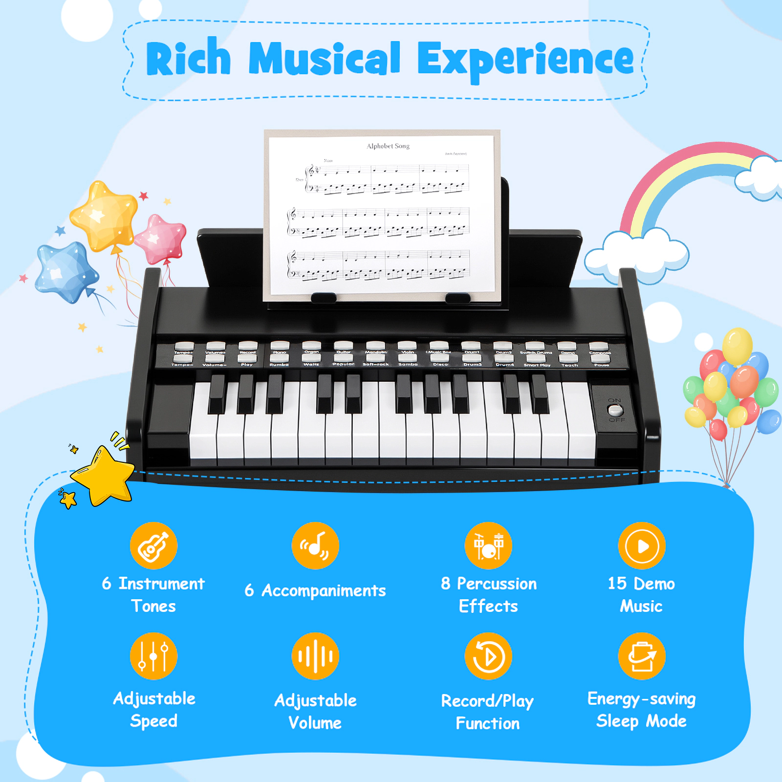 SUGIFT 25-Key Kids Piano Keyboard with Adjustable Speed and Volume Ages 3+ 15-in Wide Black