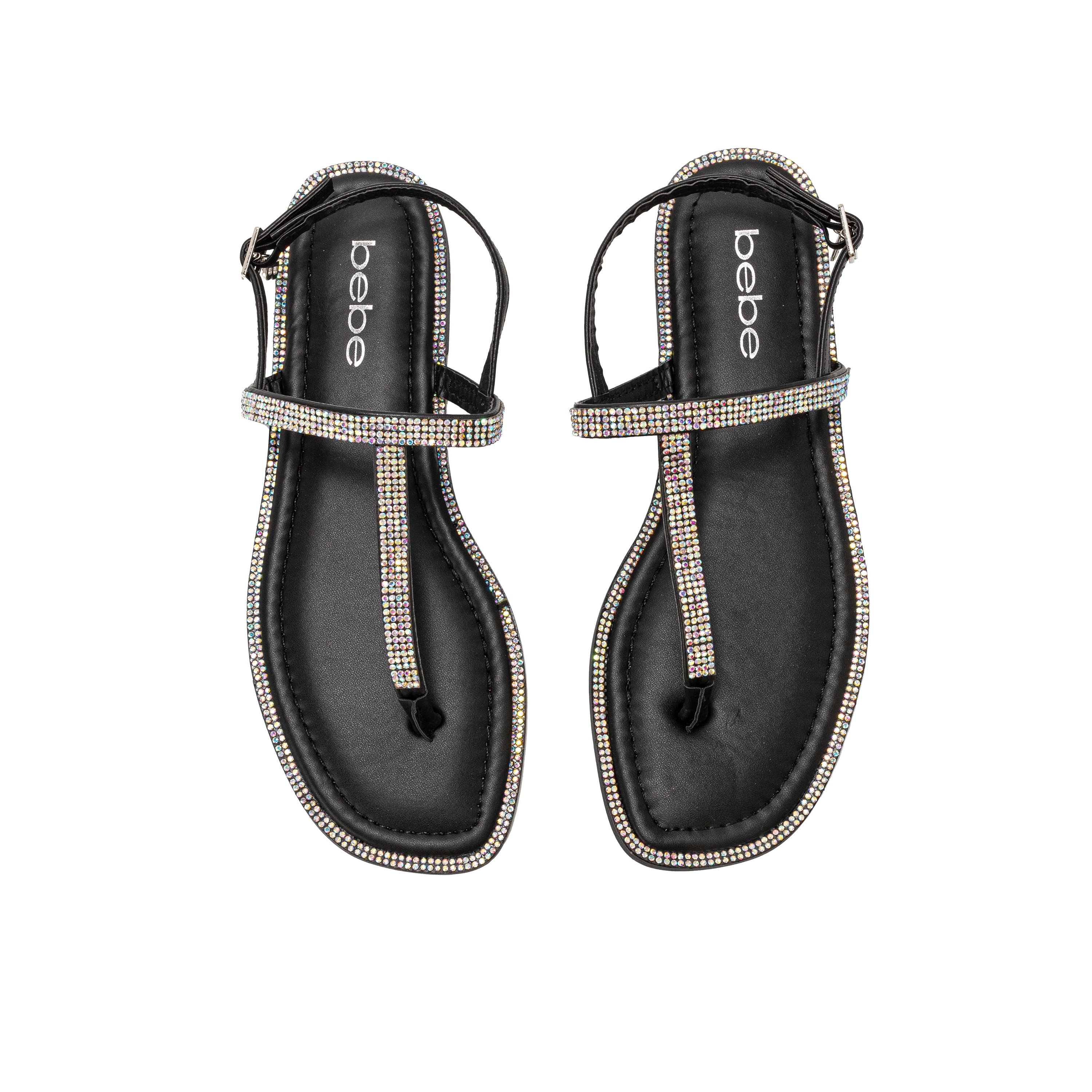bebe Women’s Rhinestone T-Strap Sandals - Flat Thong with Ankle Strap