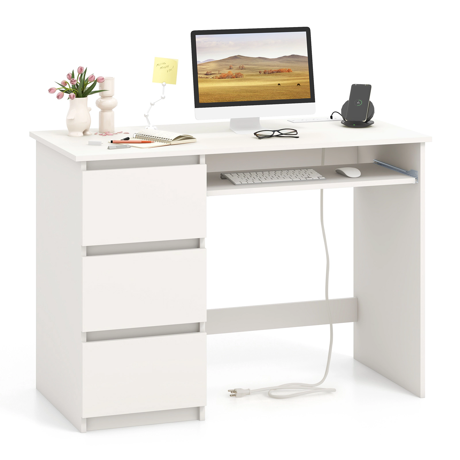 SUGIFT Computer Desk with Power Outlet Keyboard Tray and 3 Large Drawers 275-lb Capacity Natural/White