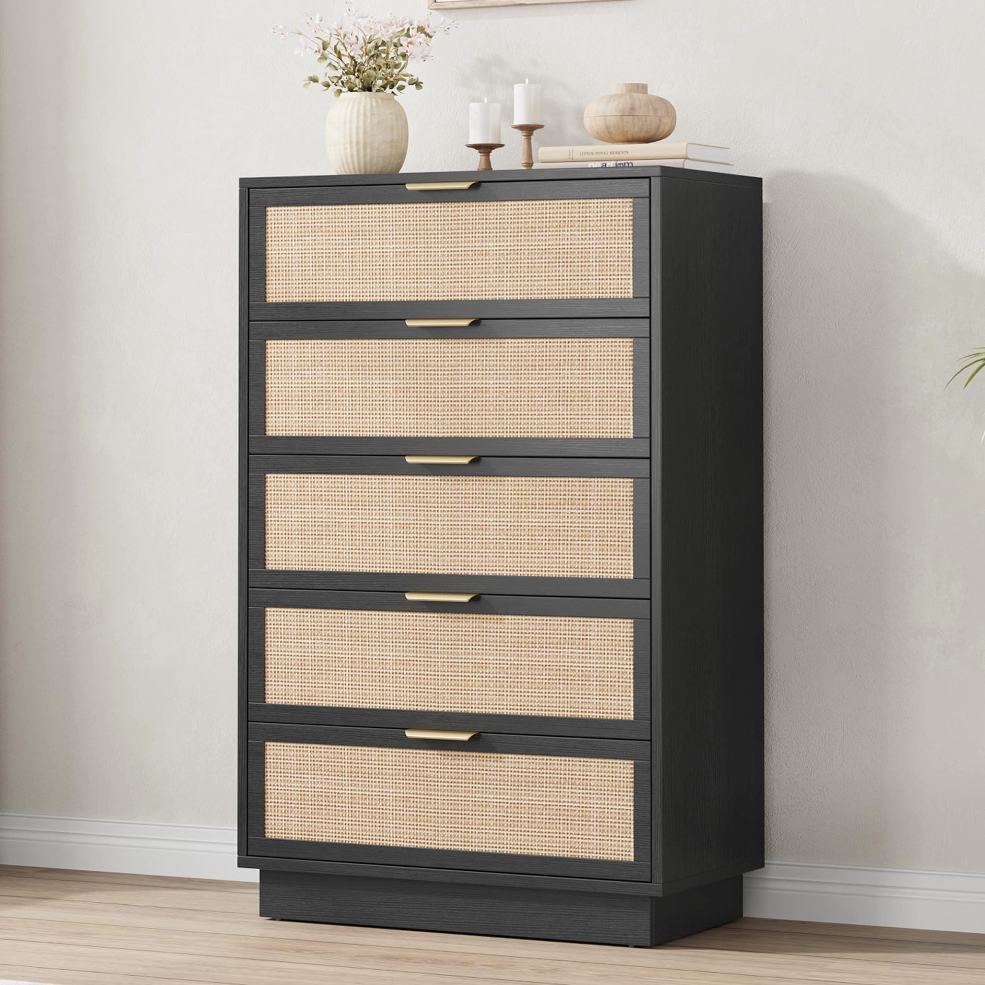 5 Drawer Rattan Dresser with Integrated Legs, Natural Wooden Storage Chest for Bedroom Entryway Closet