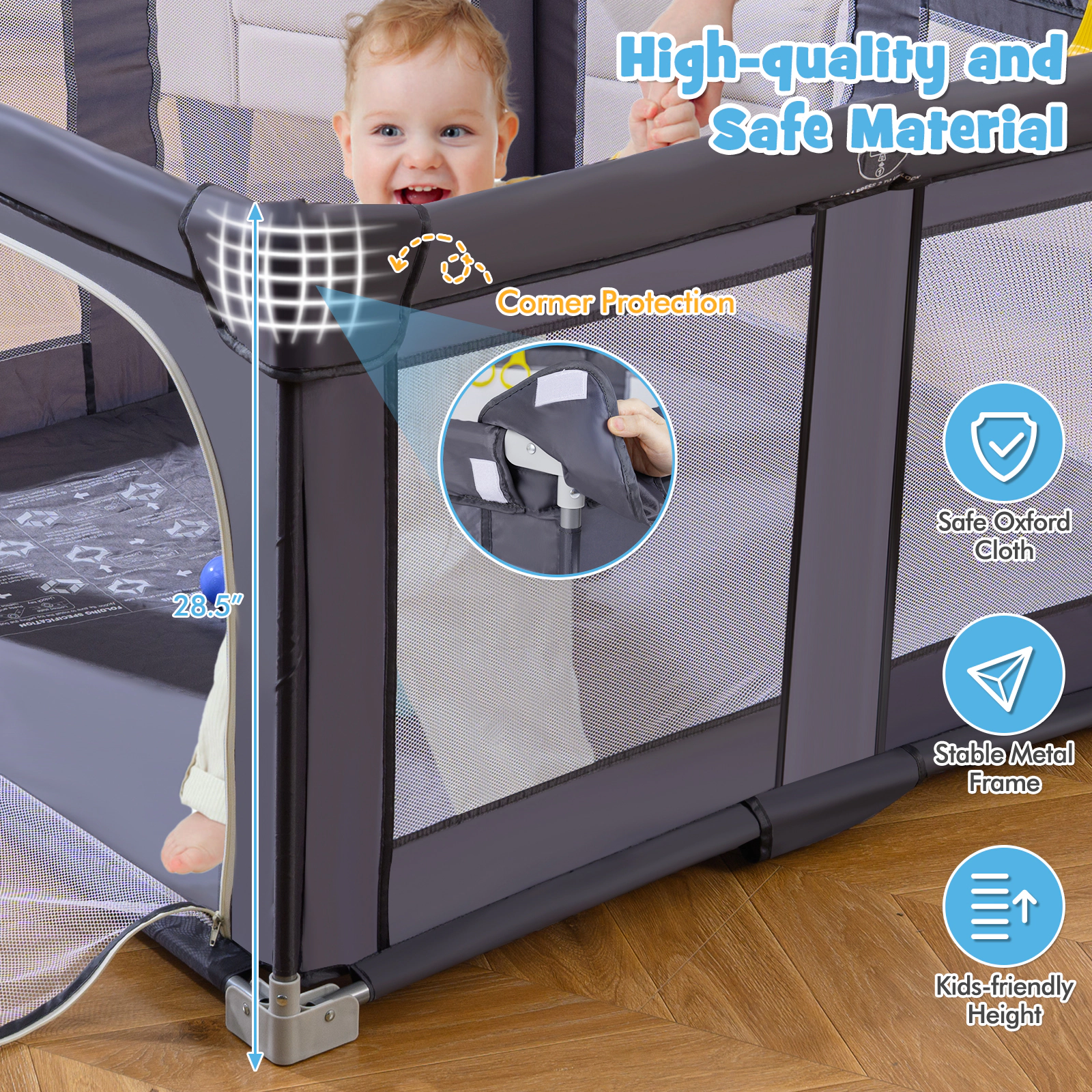 SUGIFT Large Foldable Baby Playpen Safety Fence with Zipper Door Ages 0-3 Years Dark Gray
