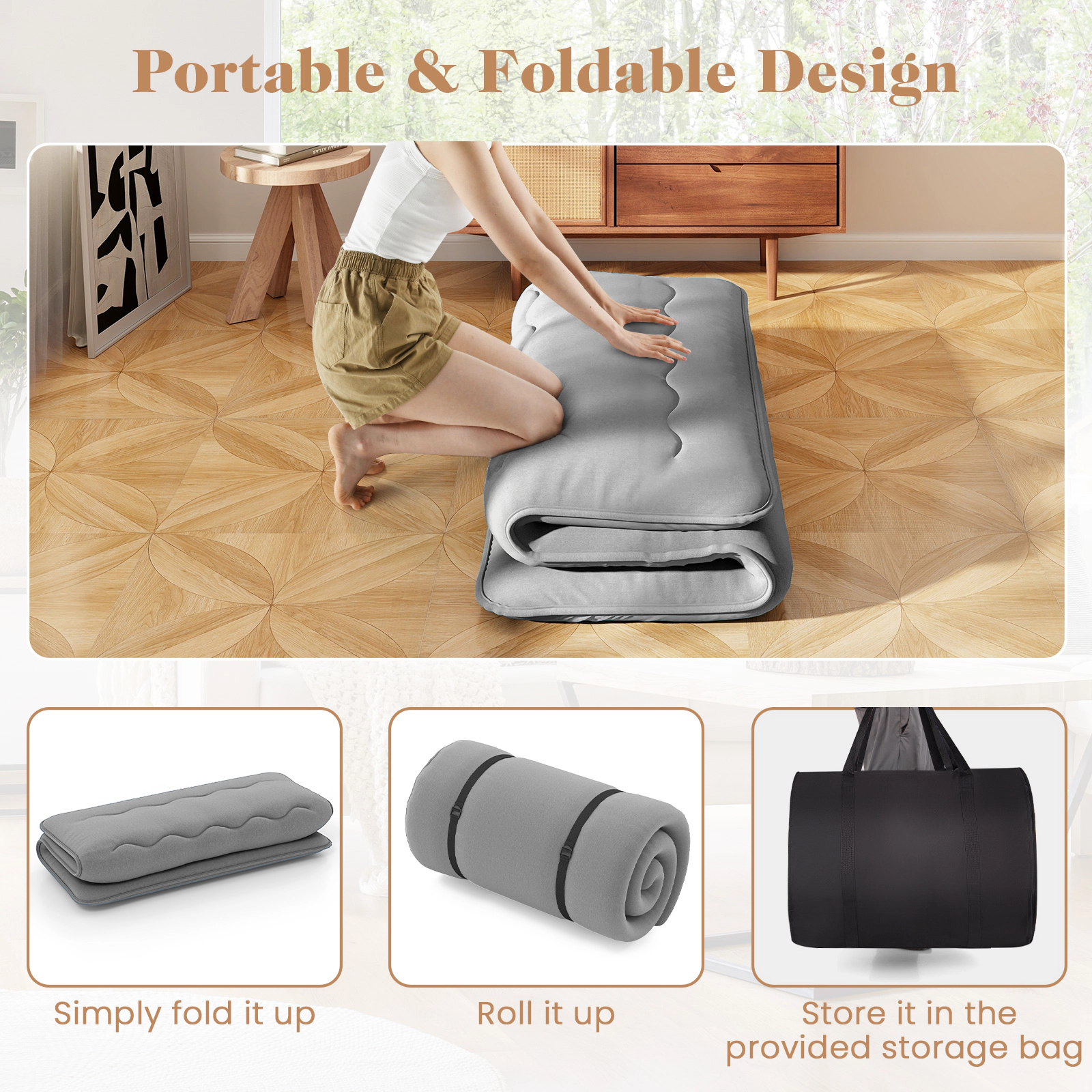 SUGIFT Full Size 5-Layer Folding Futon Mattress Machine Washable Cover Carry Bag 4-in Thick 250-lb Capacity Gray