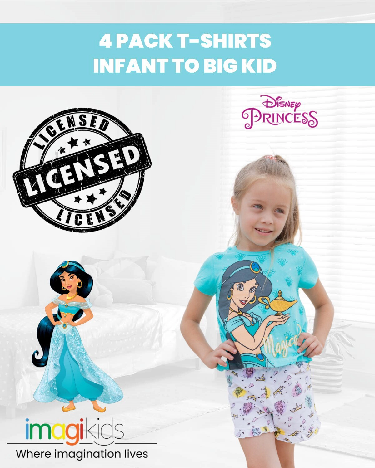 Disney Princess Girls' 4-Pack Glitter Short Sleeve T-Shirts