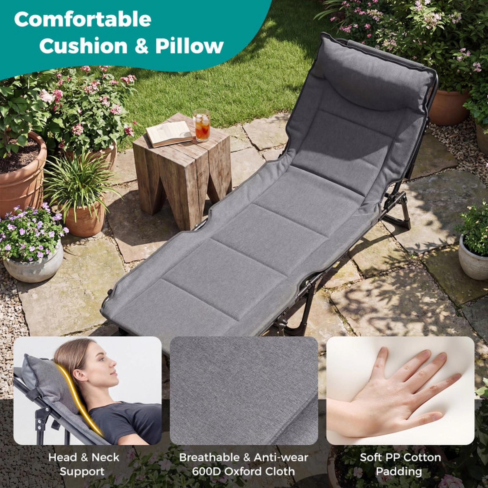 SUGIFT 3-in-1 Folding Camping Cot Convertible Single Sofa Chair 375-lb Capacity Gray and Black 71-in Bed 26-in Wide Seat