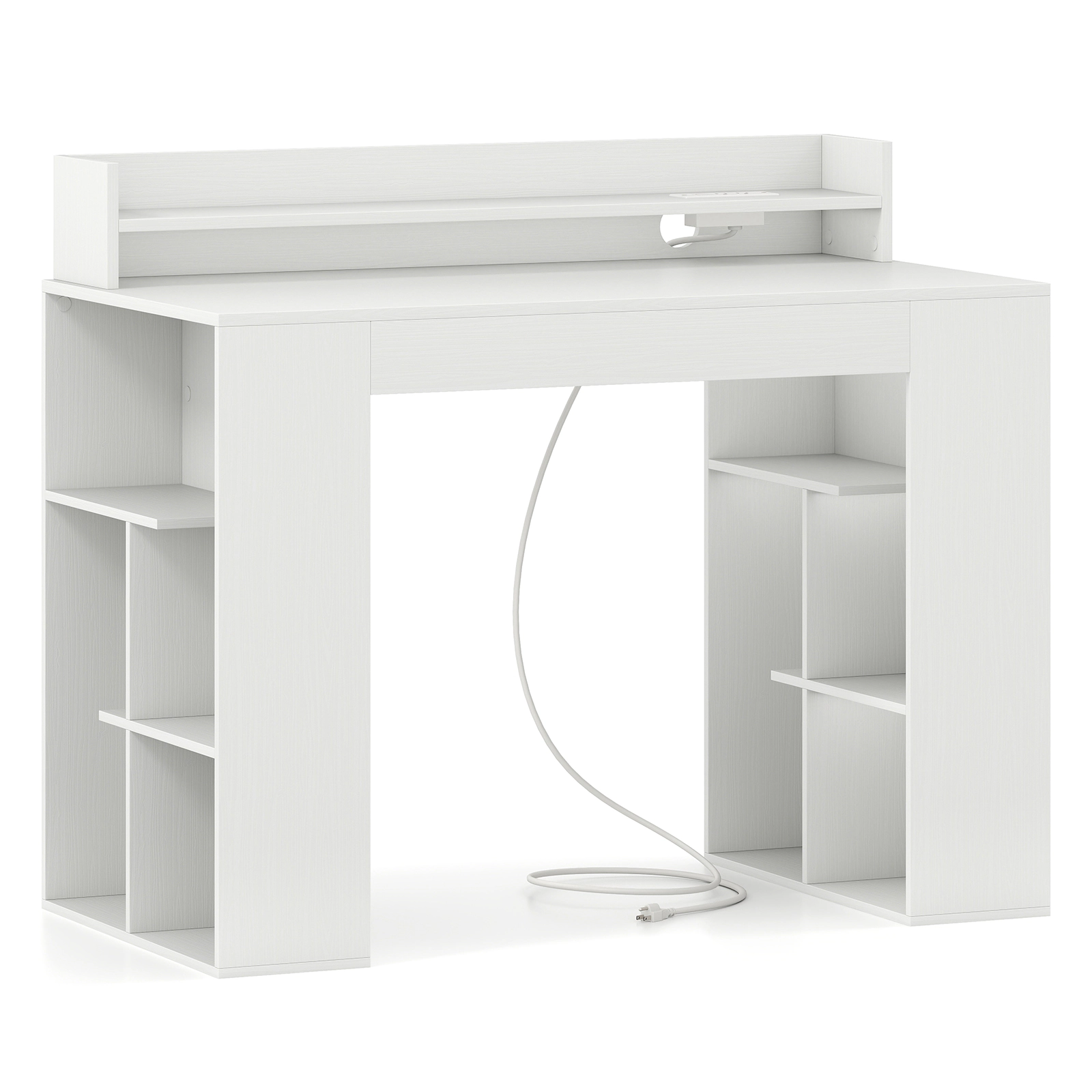 SUGIFT White Power Outlets and 2 Geometric Side Bookcases 43 Inch Computer Desk