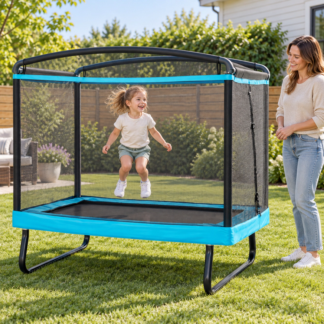SUGIFT Kids 6-ft Trampoline with Swing and Safety Enclosure Net 75-in W 49-in D 220-lb Jumper Capacity Pink