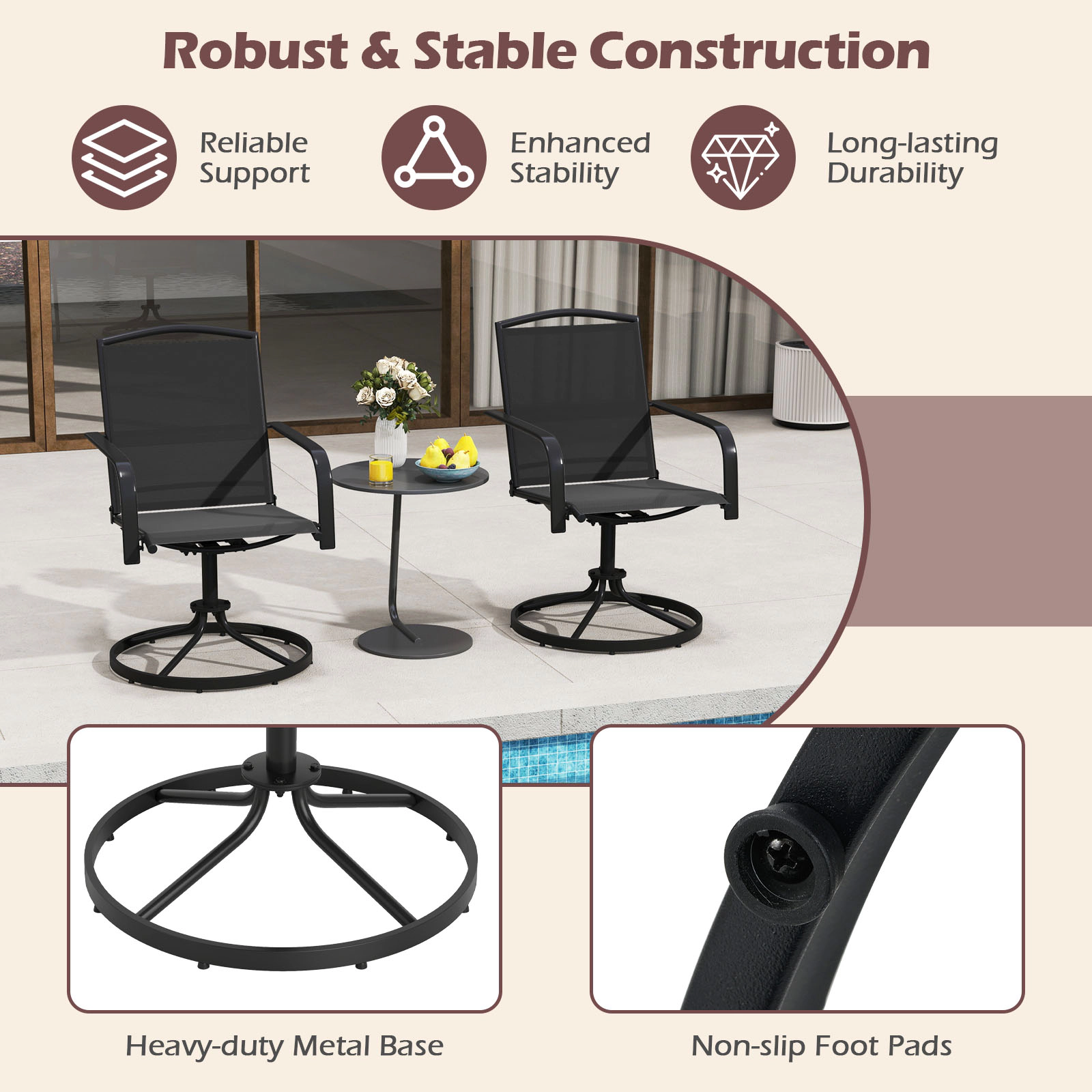 SUGIFT Outdoor 360° Swivel Rocking Chairs Set of 2 with High Back and Breathable Seat 330-lb Capacity 26-in Frame Black