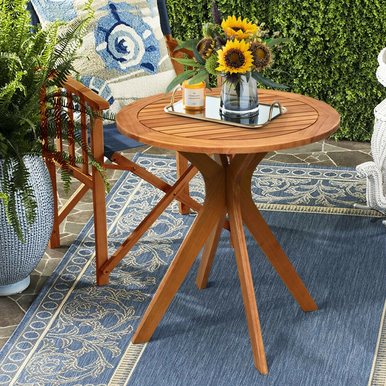 SUGIFT 27.5-in Eucalyptus Round Solid Wood Coffee Bistro Side Table 110-lb Capacity Outdoor Indoor Teak Finish 1-Piece