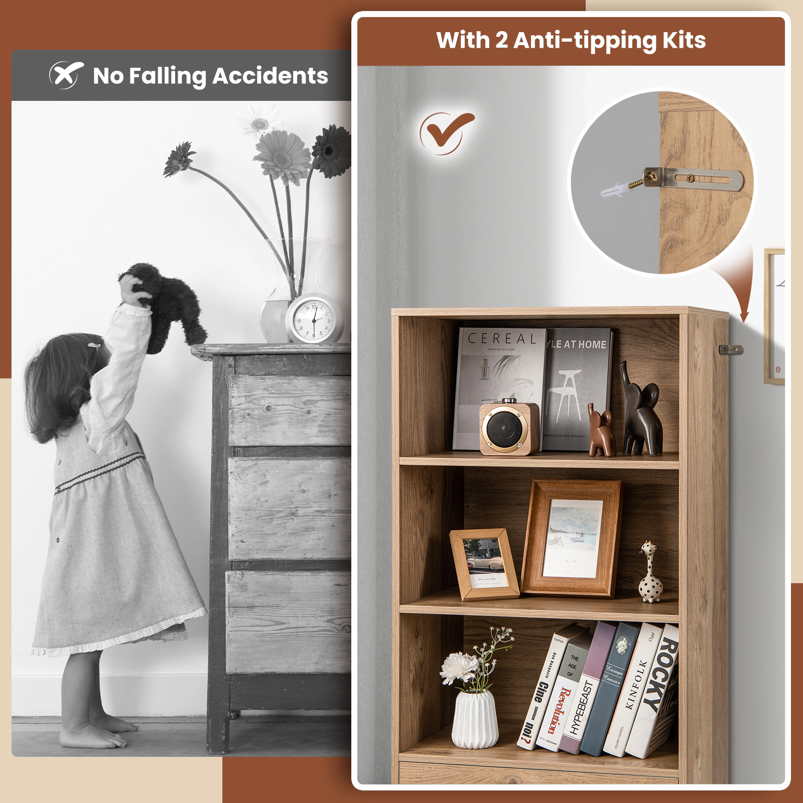 SUGIFT 4-Tier Storage Bookcase with Drawer and Anti-Toppling Device