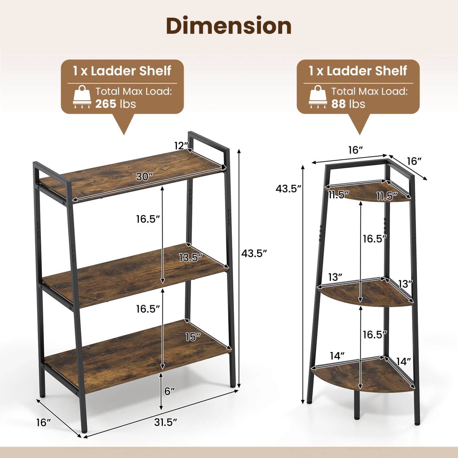 LJG 3-Tier Ladder Shelf and Corner Shelf Set with Metal Frame