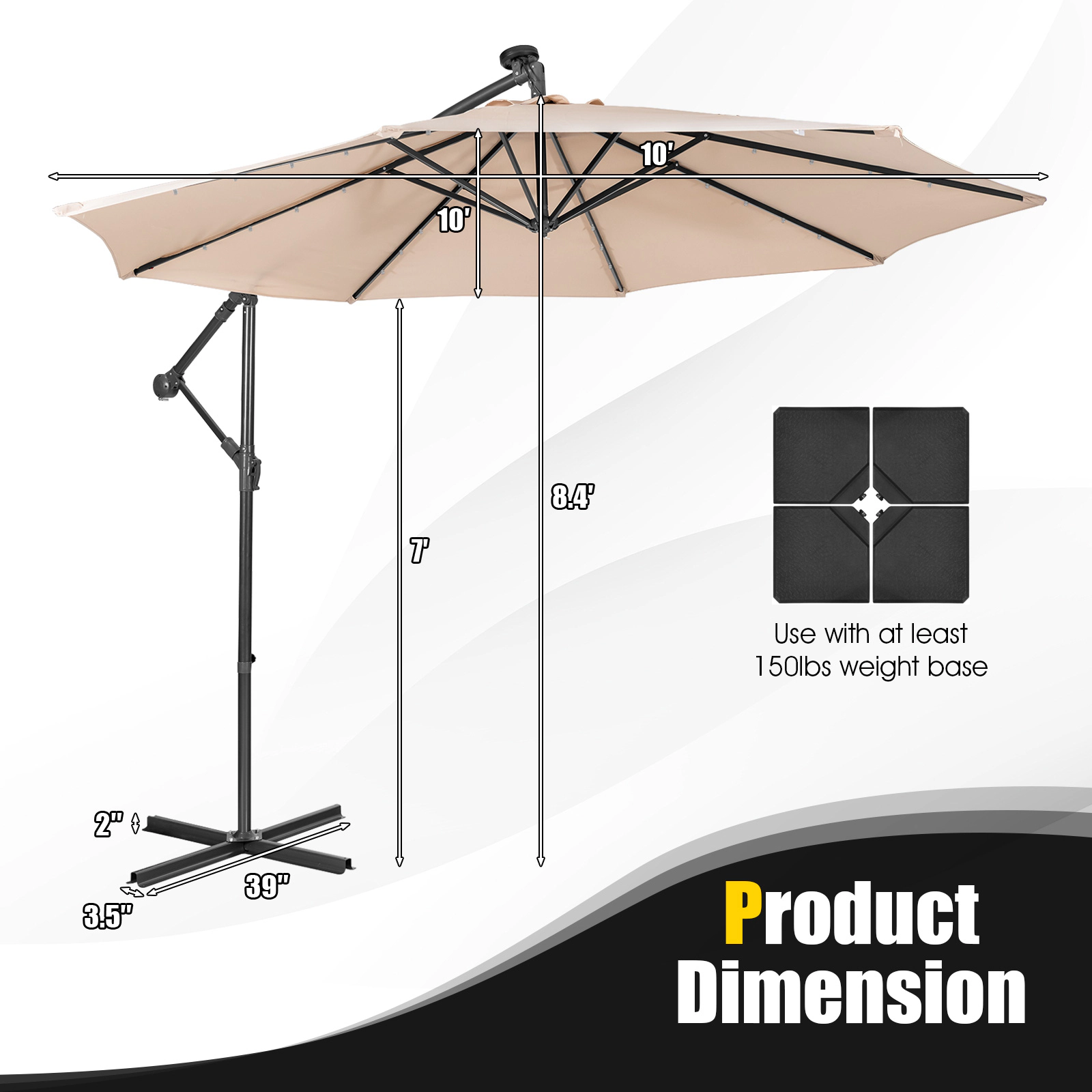 SUGIFT 10-ft Solar Powered Cantilever Patio Umbrella with Crank Tilting System and 39 x 39 x 2 in Crossed Base Beige