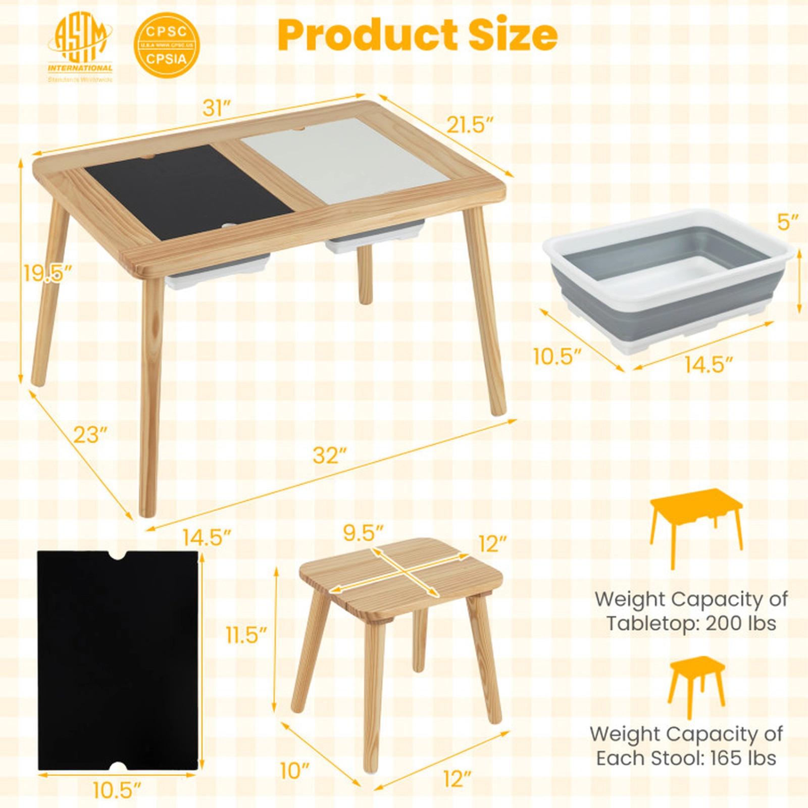SUGIFT Wooden Kids Activity Table and Stool Set with Chalkboard, Whiteboard and 2 Foldable Storage Bins 200-lb Tabletop