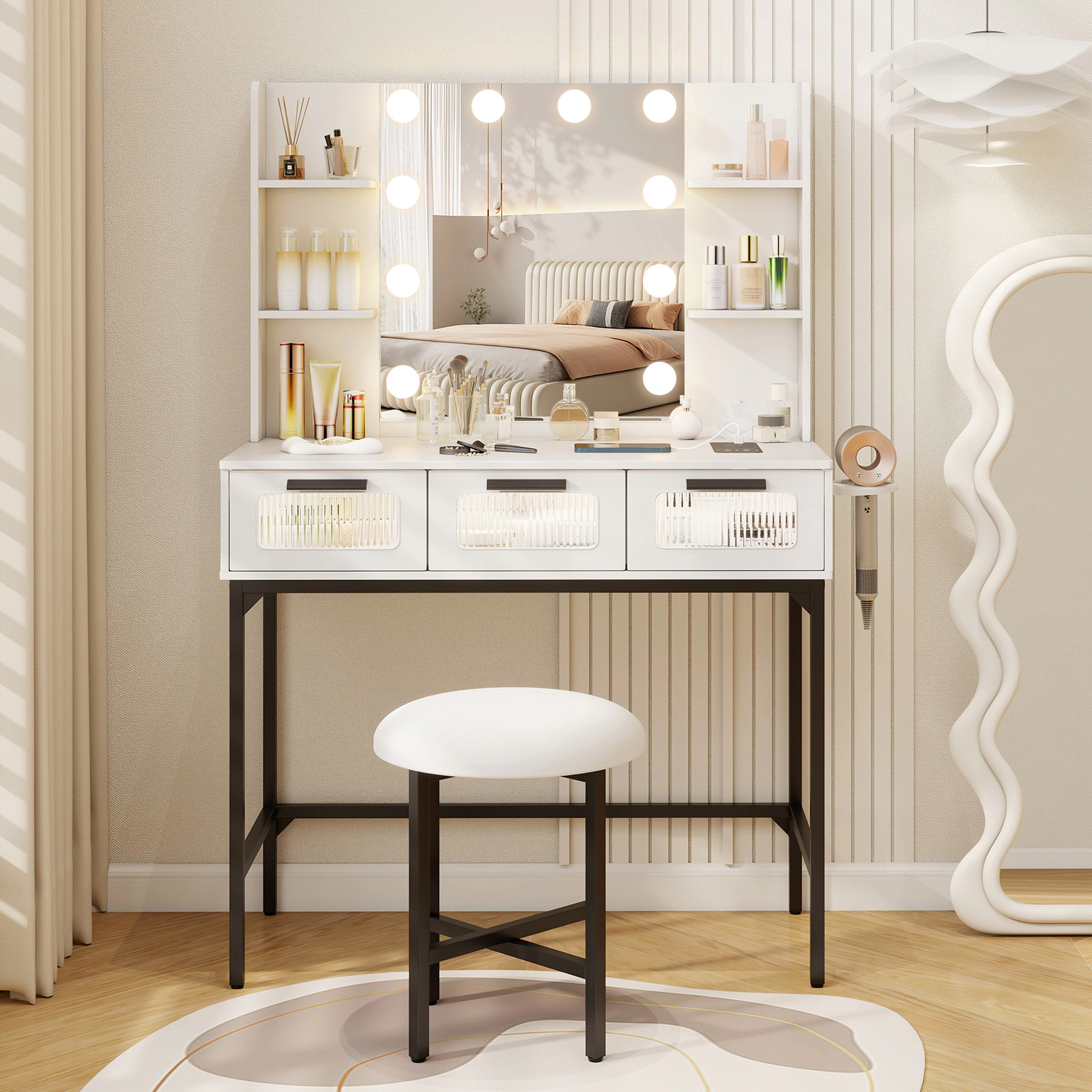LJG Bedroom Makeup Vanity Desk with Hollywood Mirror and Lights