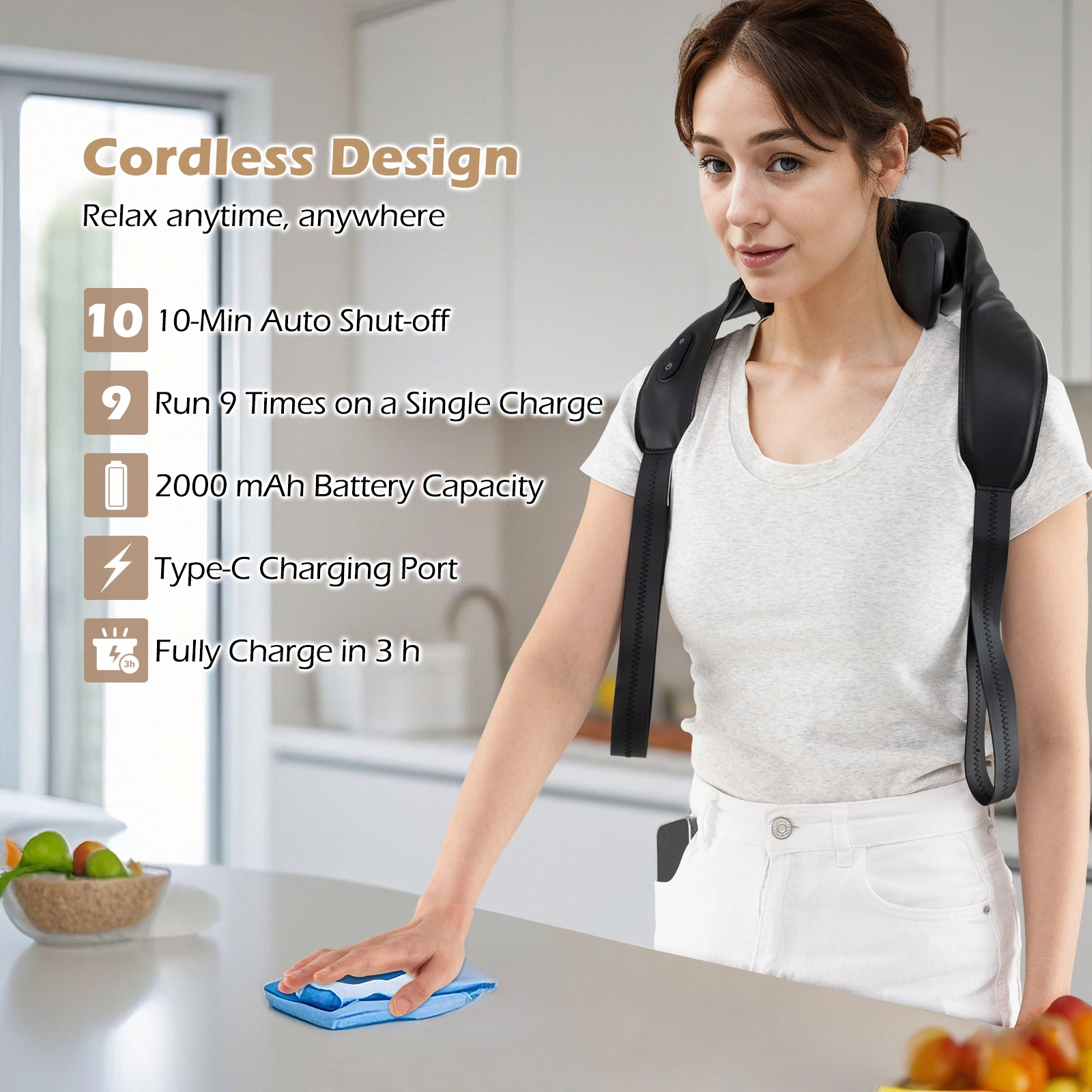 SUGIFT Shiatsu Neck Shoulder Massager with Pulling Handles 2 Heat Levels and Auto Shutoff Cordless Design Beige/Black