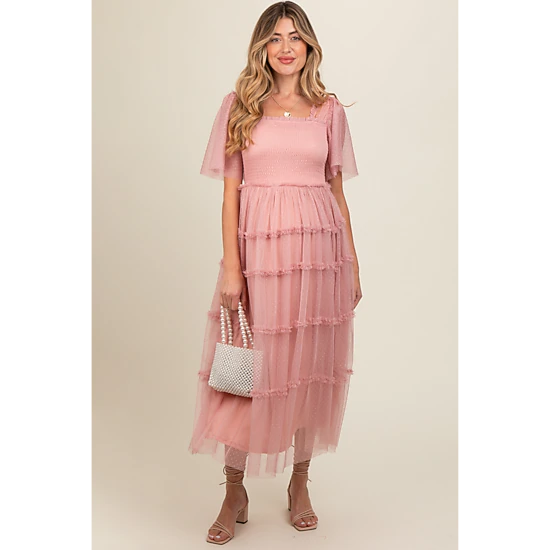 PinkBlush Womens Pink Ruffled Mesh Maternity Maxi Dress