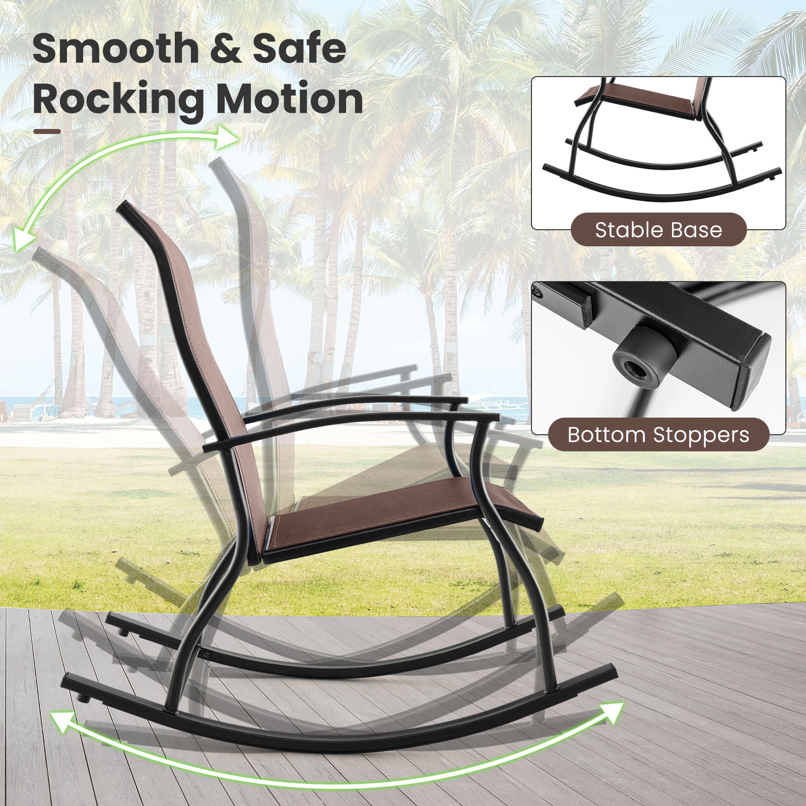 SUGIFT Set of 2 Brown Outdoor Metal Rocking Chairs, 330-lb Capacity