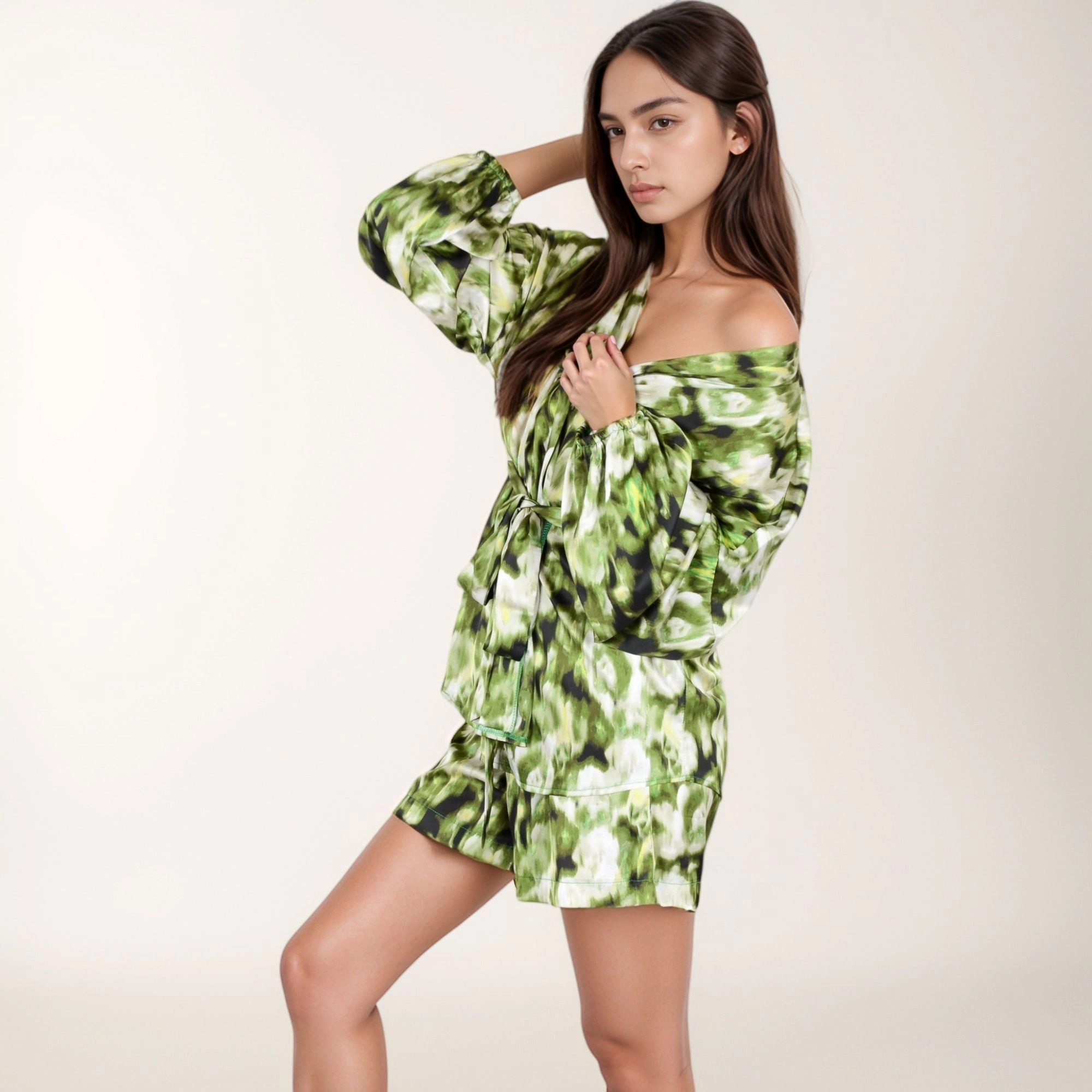 Anna-Kaci Women's Printed Satin Robe with Tie Waist and Flowing Sleeves