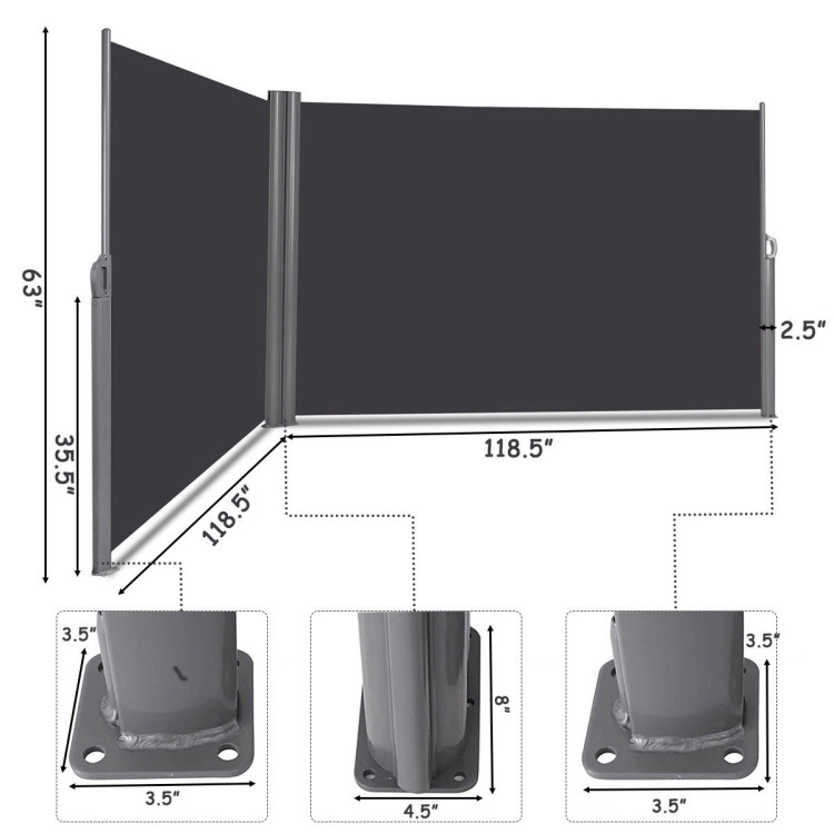 Hivvago 237 x 63 Inch Patio Retractable Double Folding Side Awning Screen Divider
