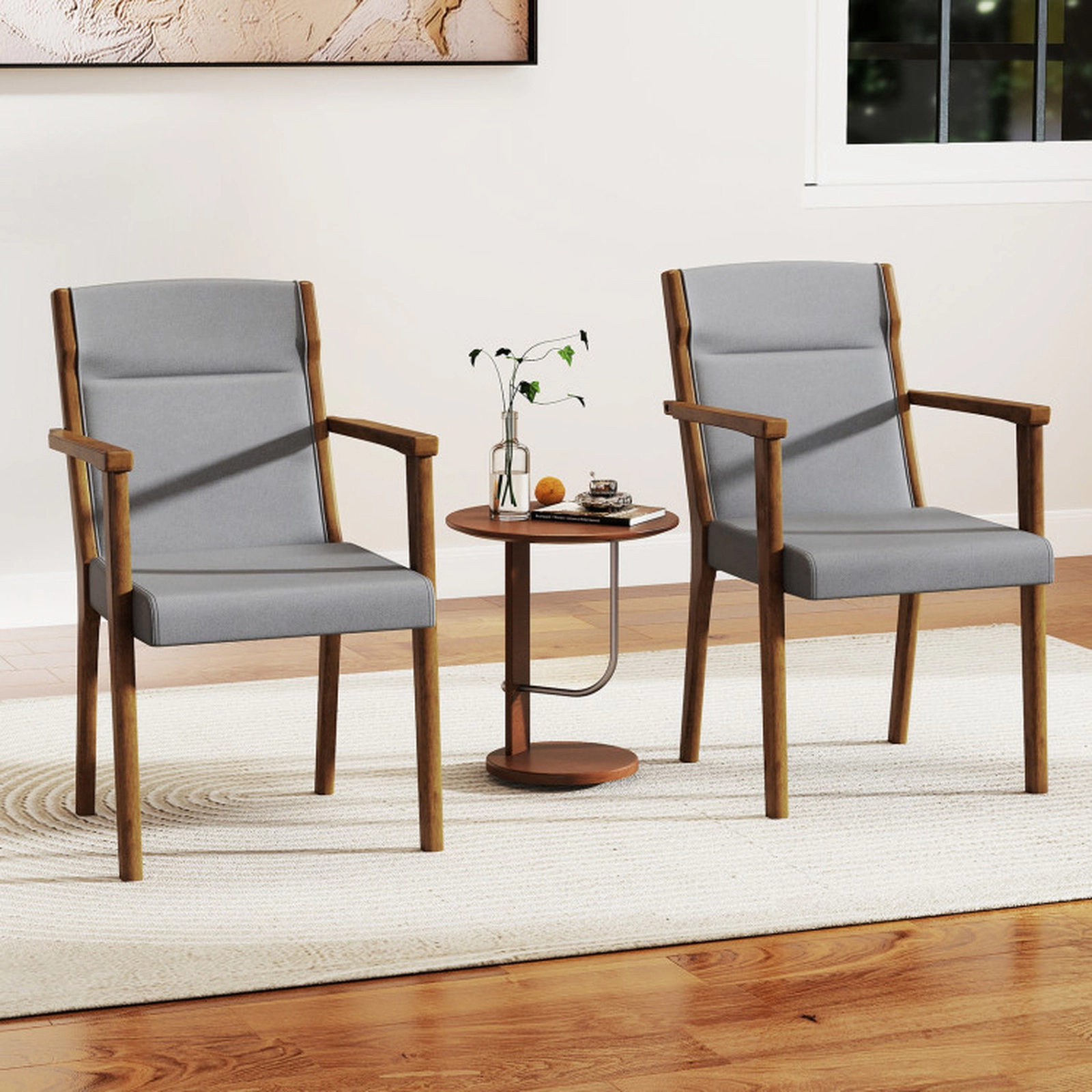 SUGIFT Gray High Back and Built-In Headrest Set of 2 Upholstered Wooden Accent Chairs