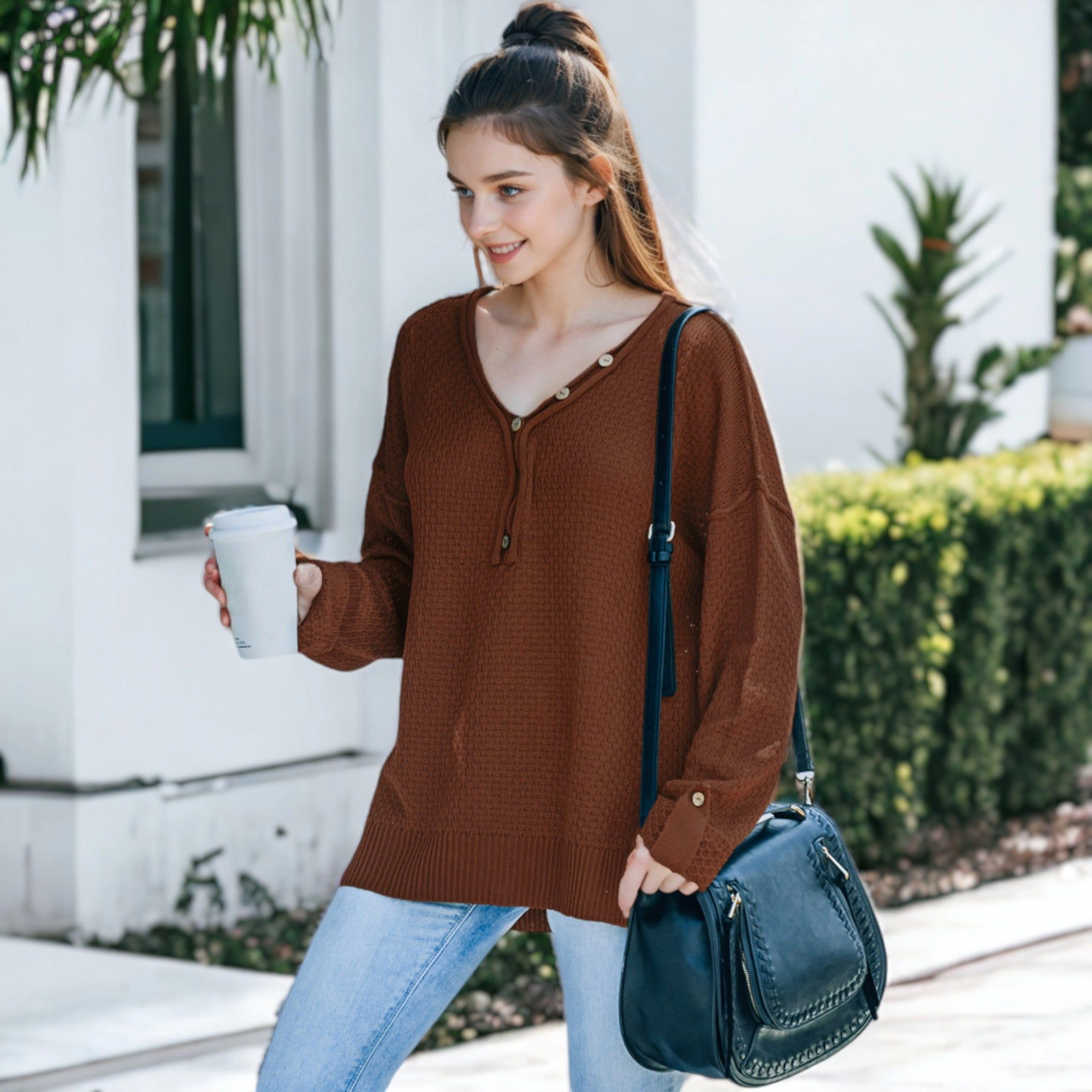 Anna-Kaci Women's Contrast Button Detail Knit Sweater