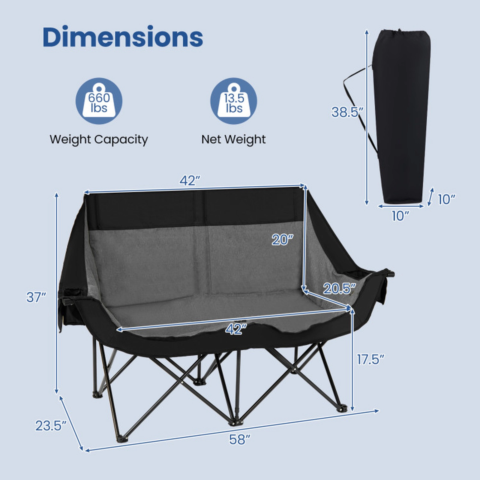 SUGIFT Black Heated 2-Person Camping Chair with 4 Heating Zones 58-in W 23.5-in D 37-in H 660-lb Seat Capacity
