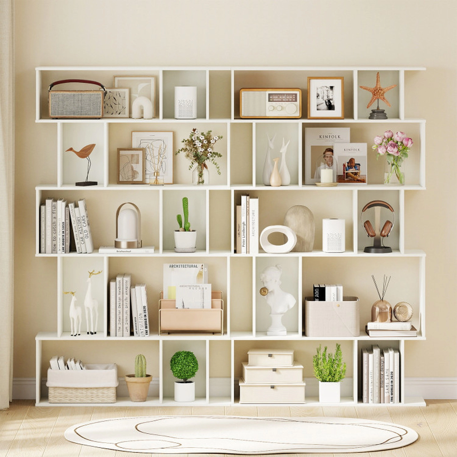 SUGIFT Set of 2 5-Tier 200-lb Capacity White 62-in Tall Geometric Bookshelf with Open and Closed Back Shelves