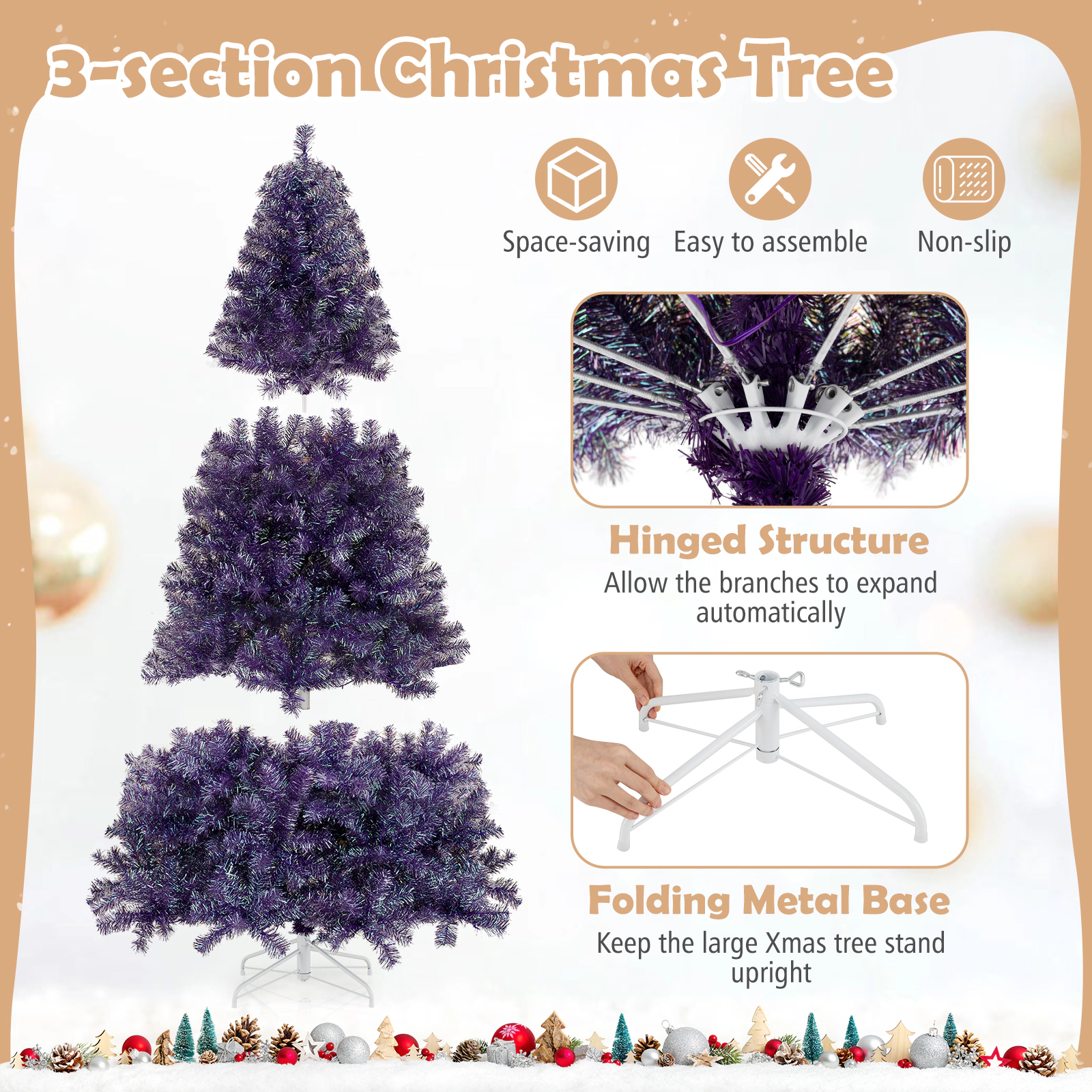SUGIFT 6-ft Deep Purple Tinsel Pre-Lit Christmas Tree with 250 LED Lights 8 Modes 688 Tips and Folding Base